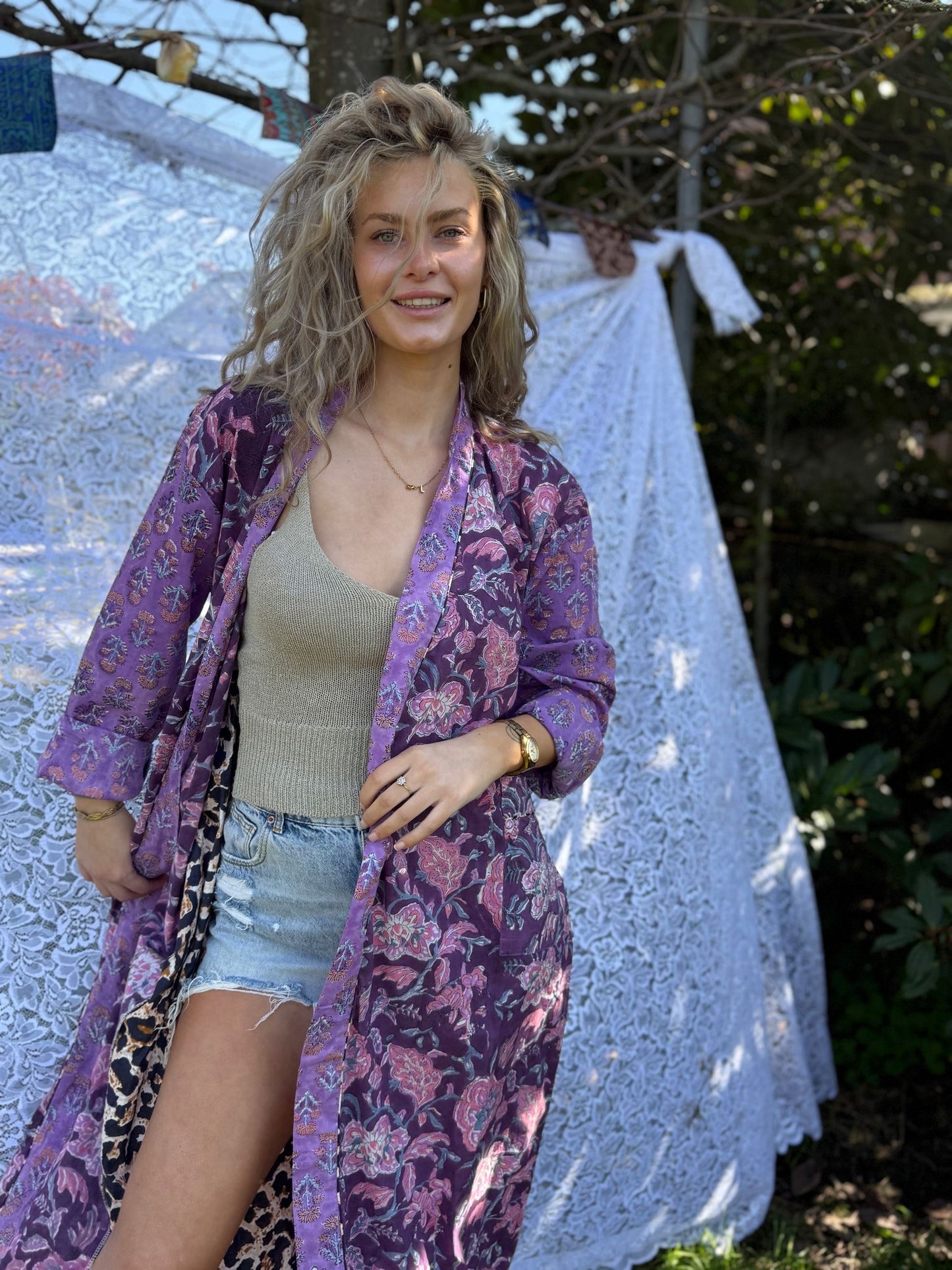 Long cotton kimono block print- panter