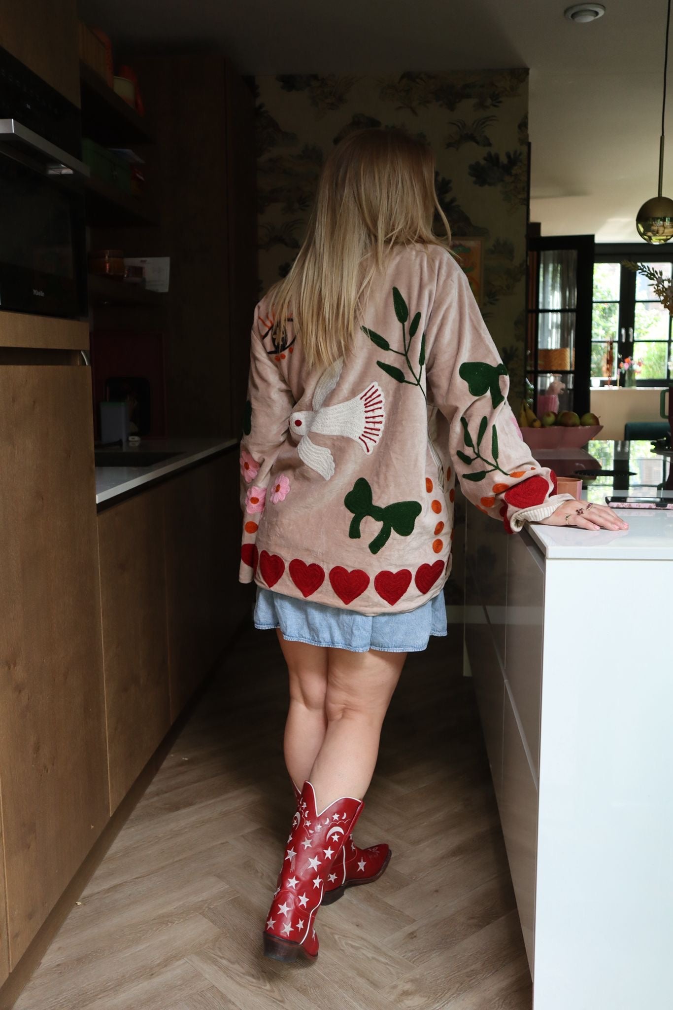 Velvet embroidery jacket birds beige PRE ORDER
