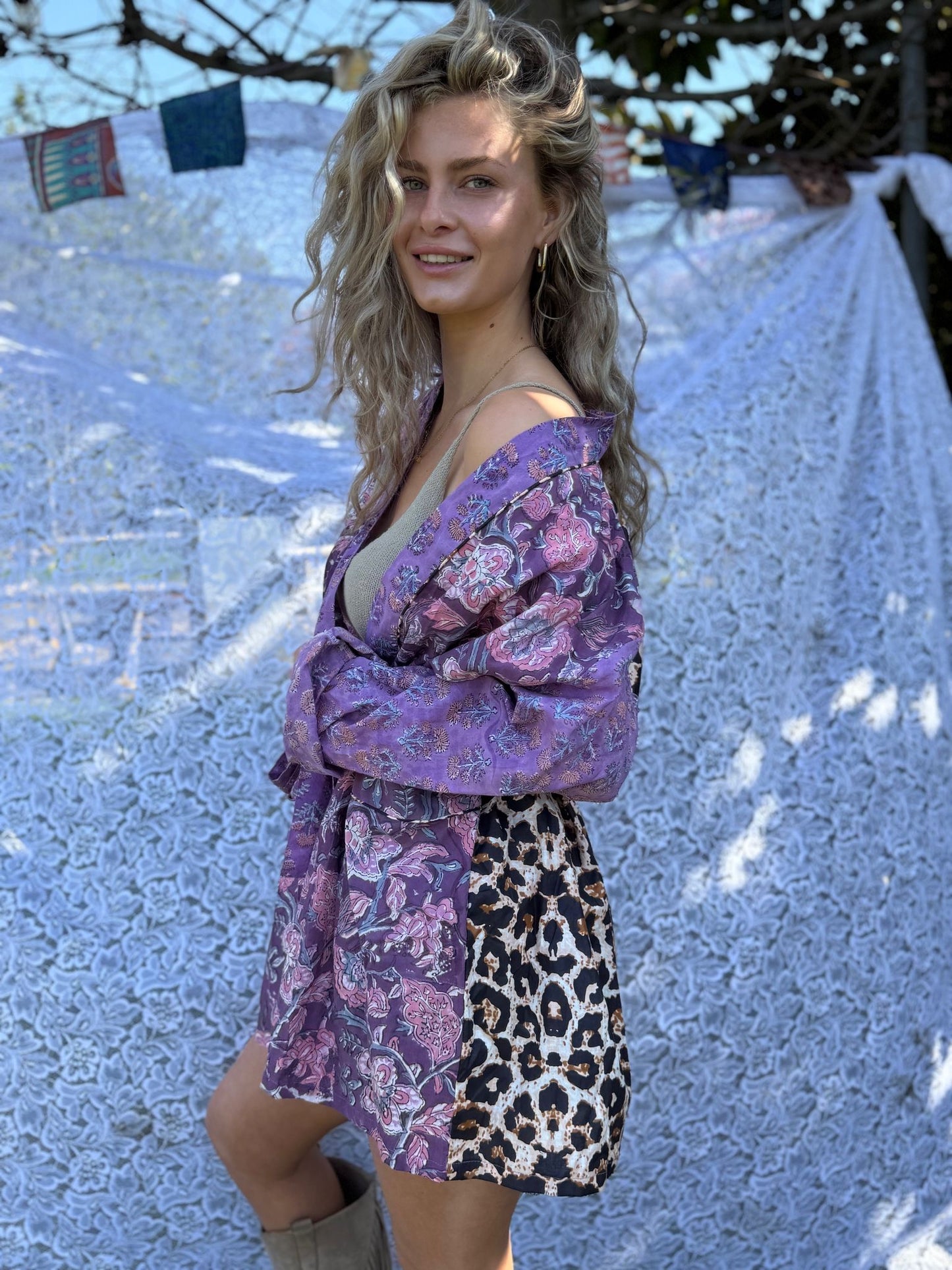 Short cotton kimono block print- panter