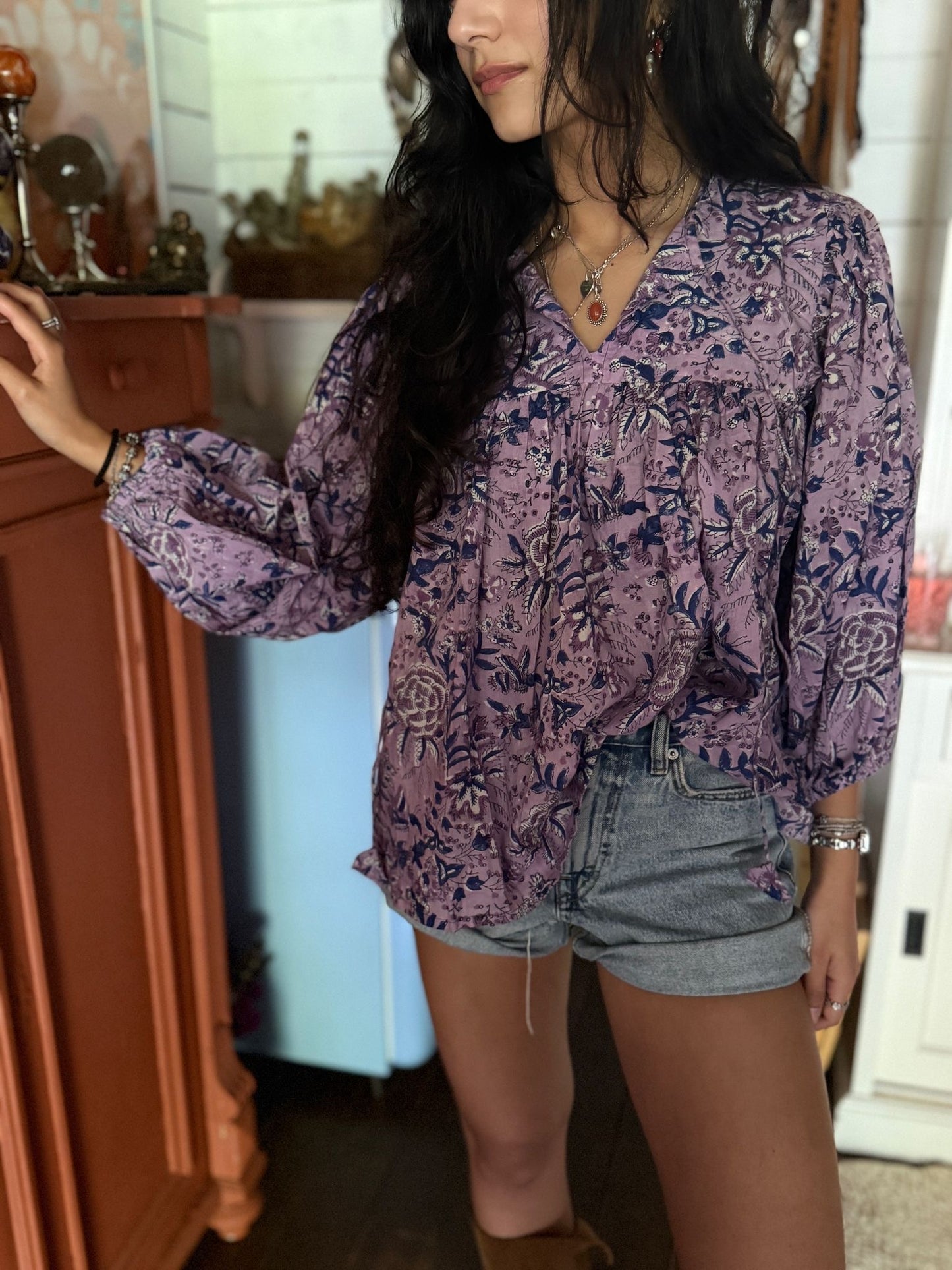 Blokprint blouse purple
