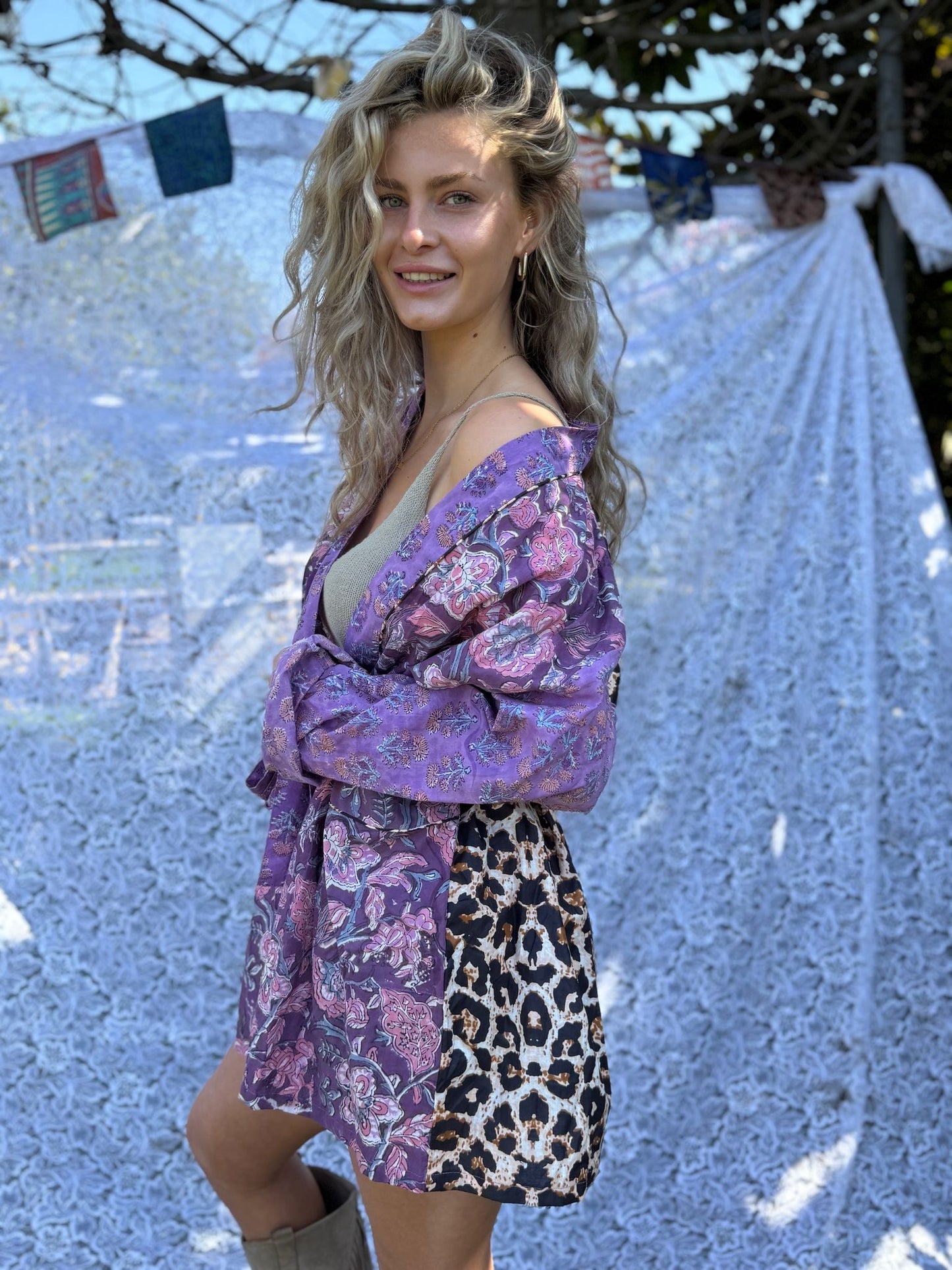 Short cotton kimono block print- panter