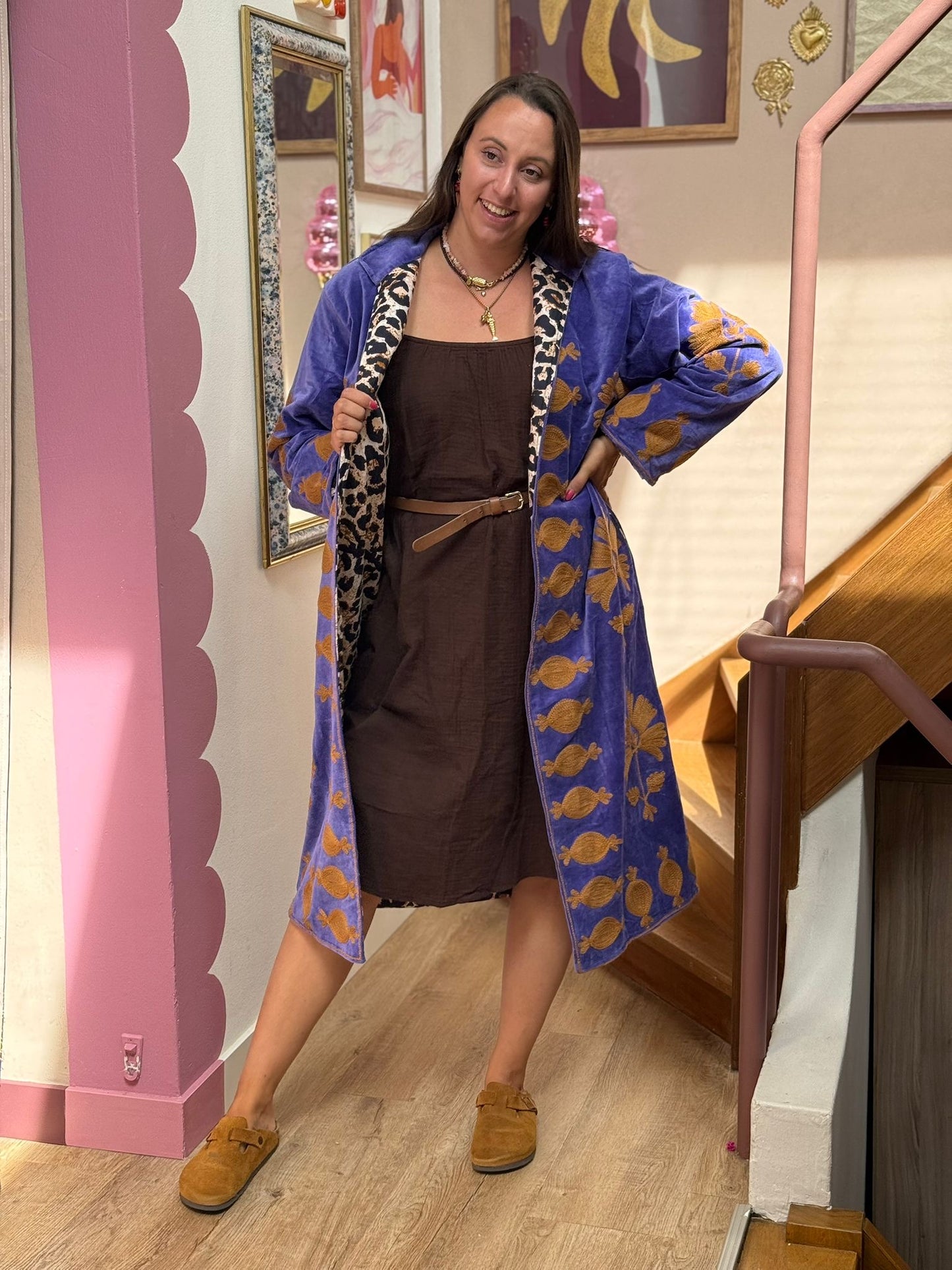 Long velvet Embroidery jas lavendel beige panter