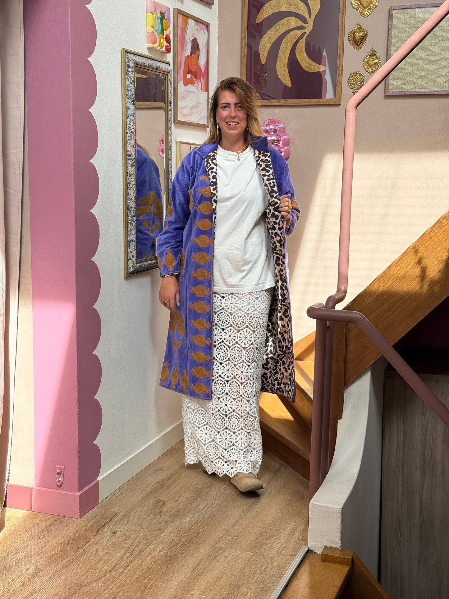 Long velvet Embroidery jas lavendel beige panter