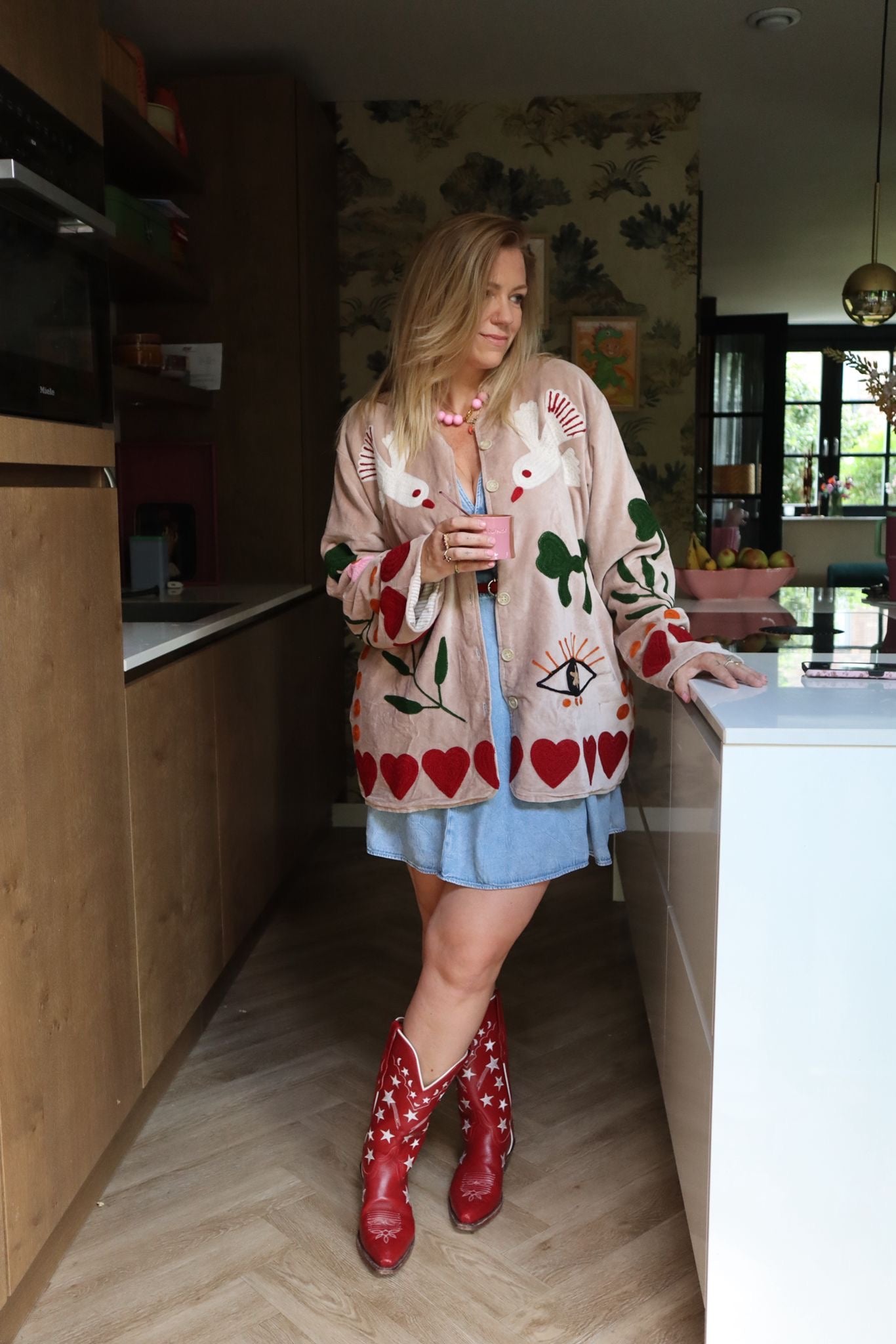 Velvet embroidery jacket birds beige PRE ORDER