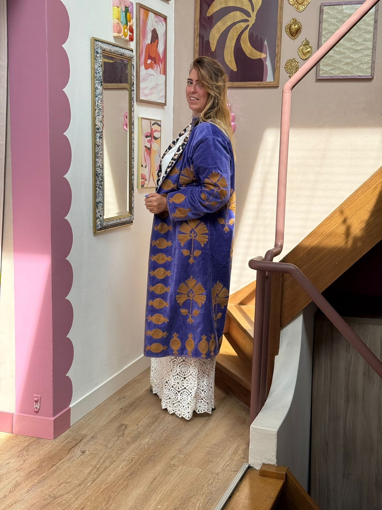 Long velvet Embroidery jas lavendel beige panter