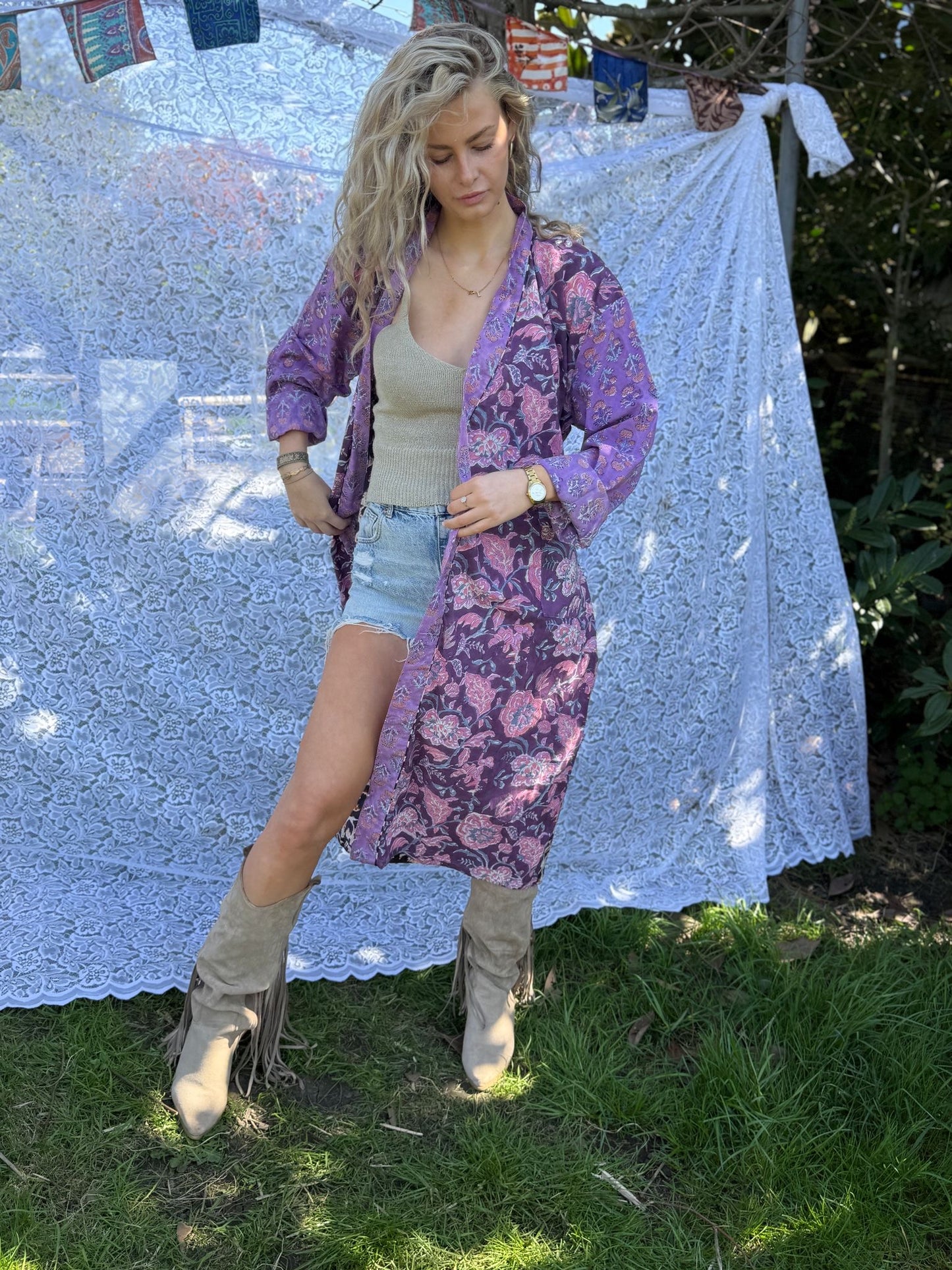 Long cotton kimono block print- panter
