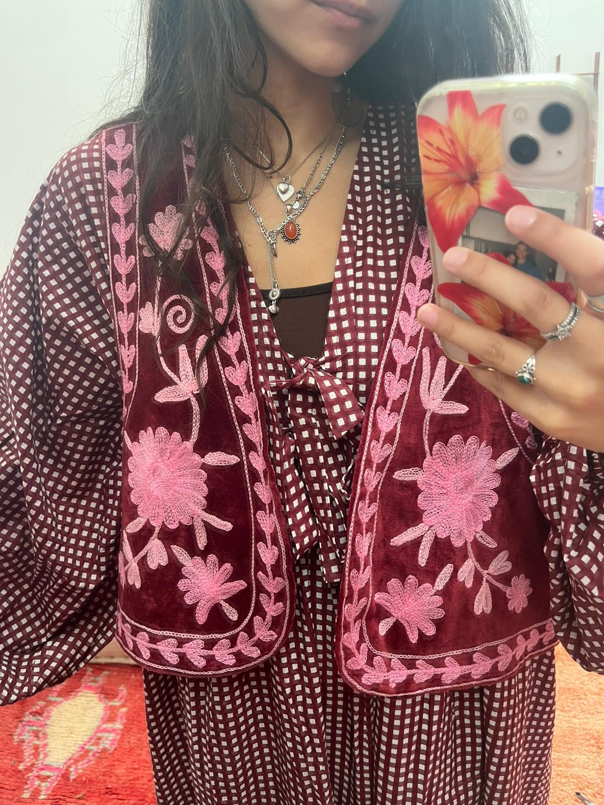 Suzani velvet Gilet red pink