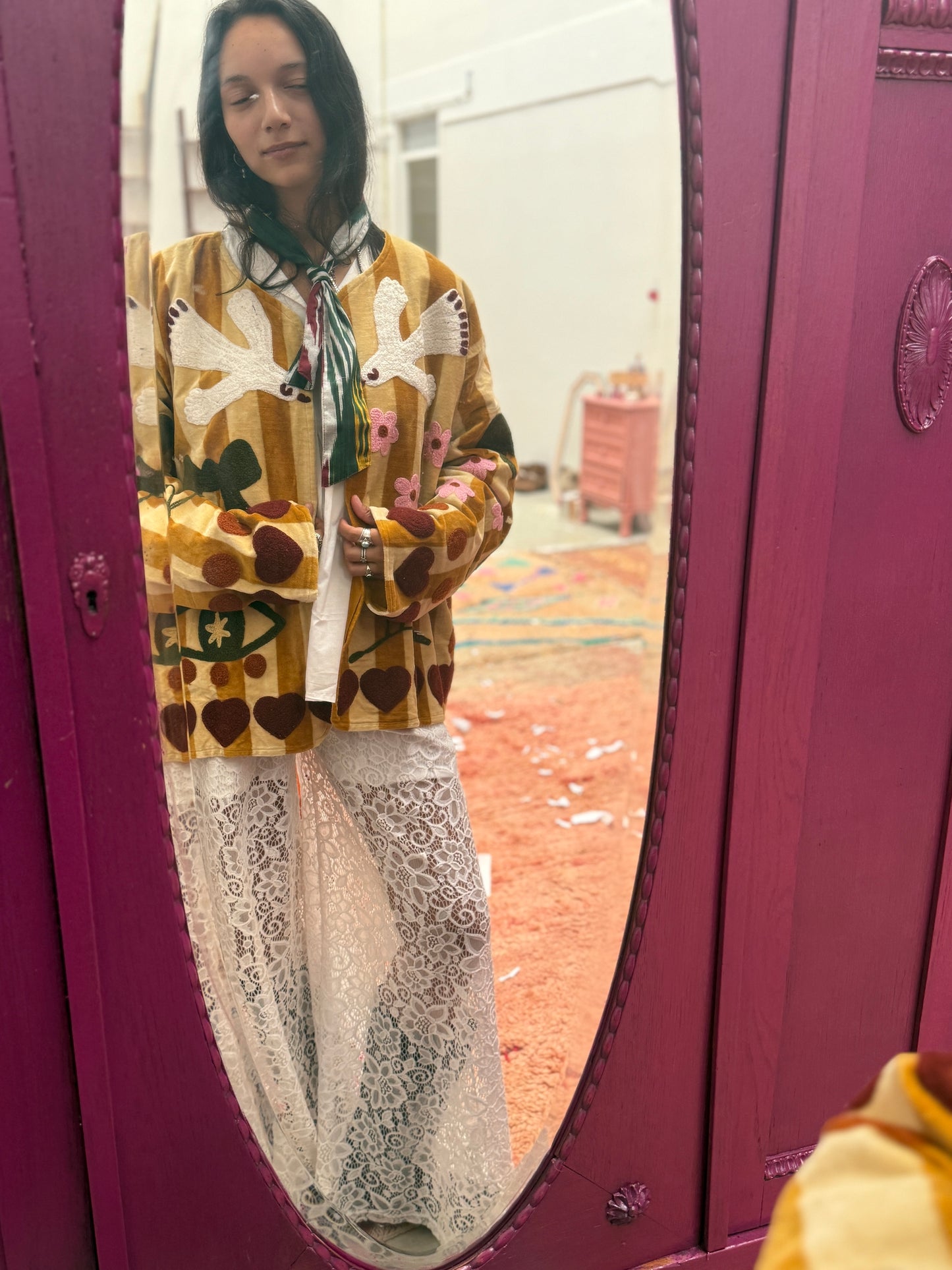 Velvet embroidery jacket birds Oaker stripes