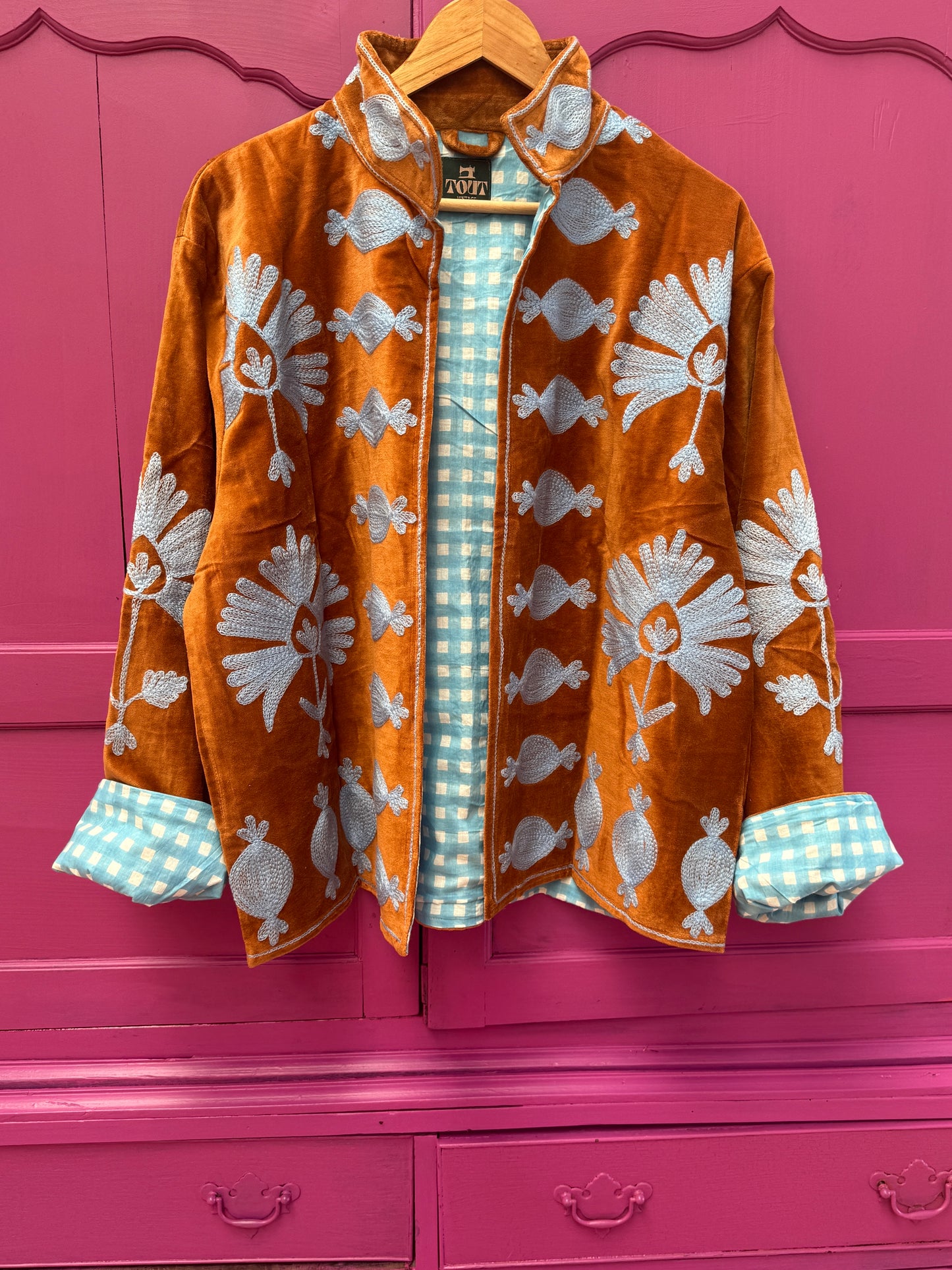 velvet embroidery jacket bruin licht blauw