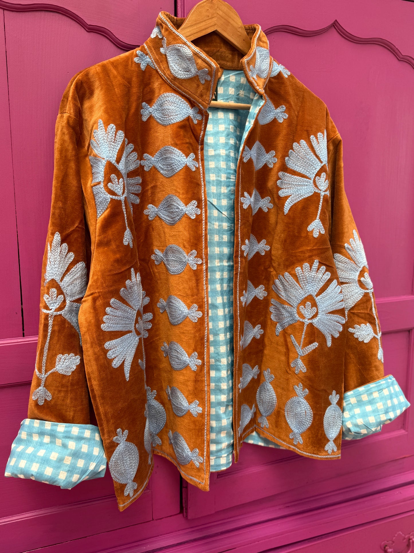 velvet embroidery jacket bruin licht blauw