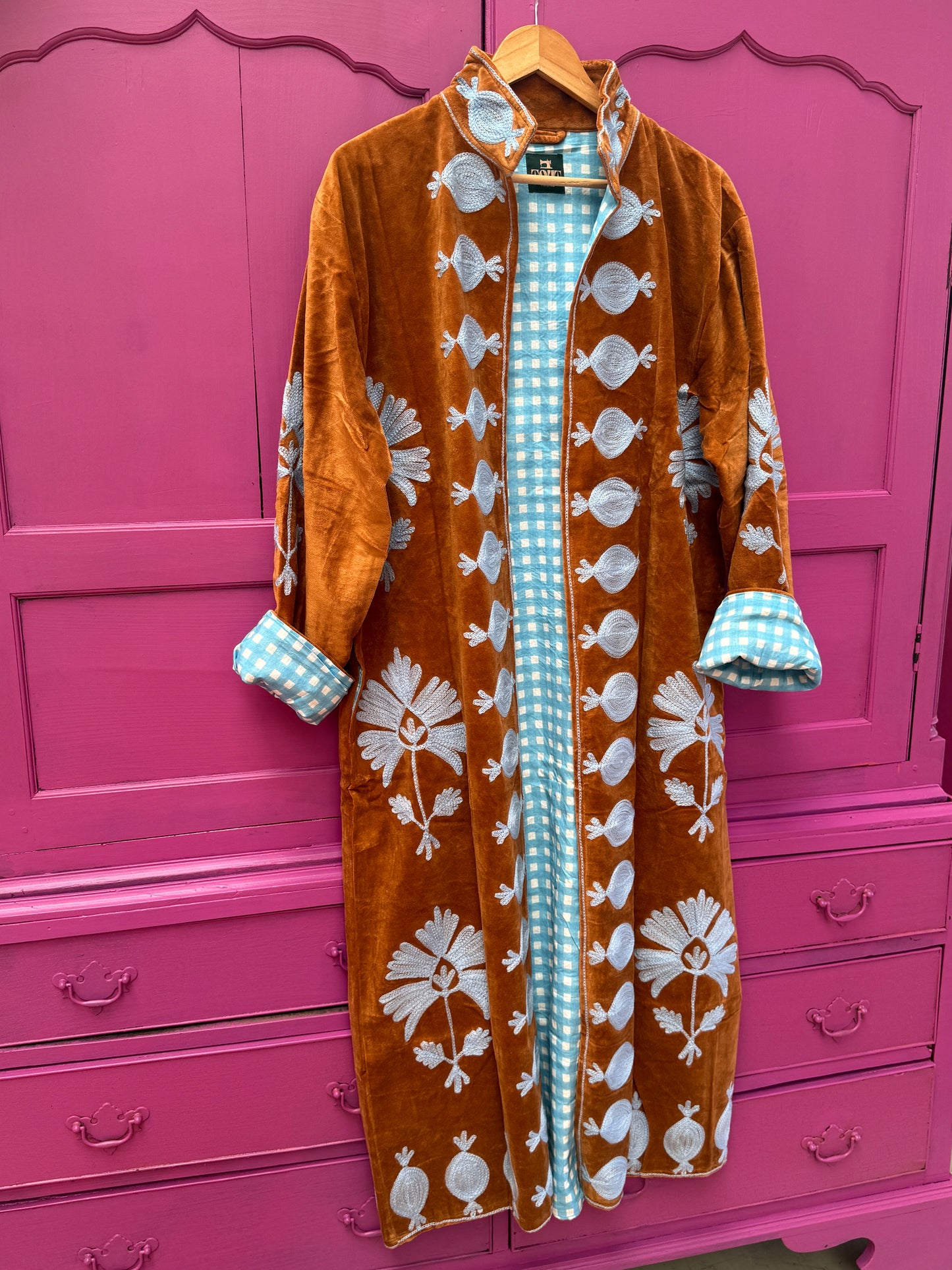 Long velvet Embroidery jas bruin licht blauw leopard