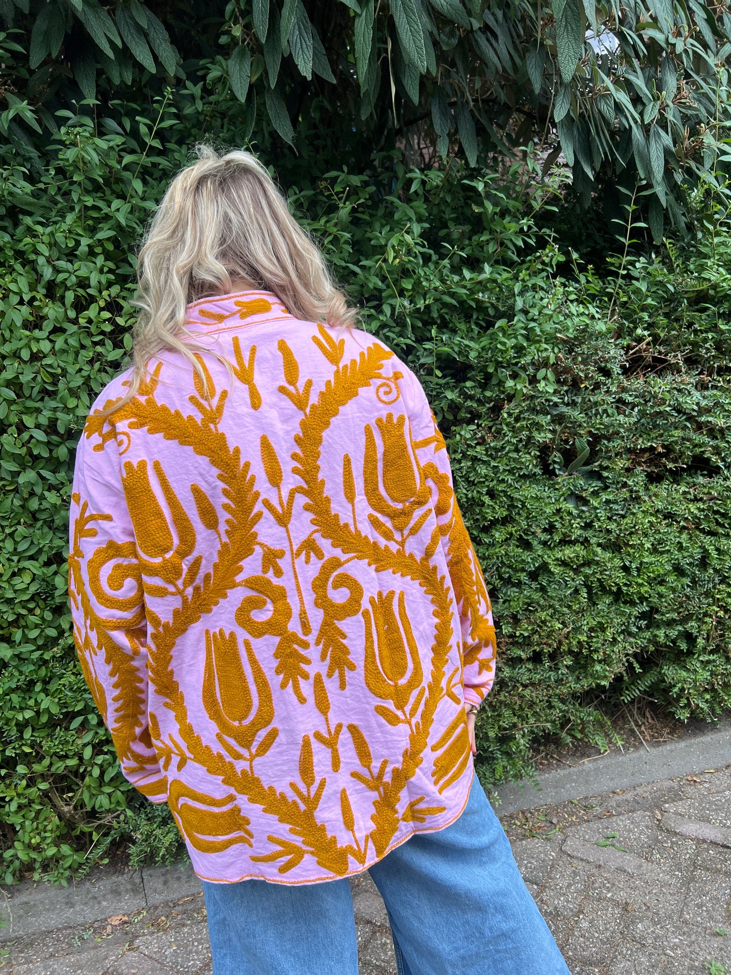 Long cotton Embroidery jas Light purple orange
