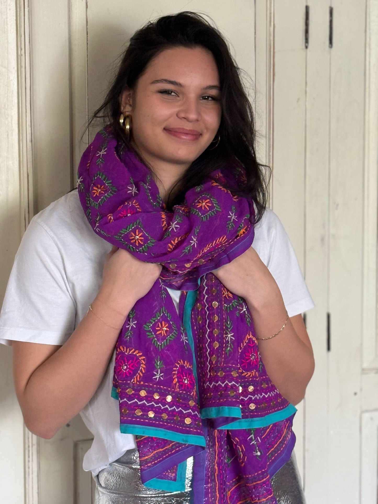 Phulkari sjaal Paars Turq