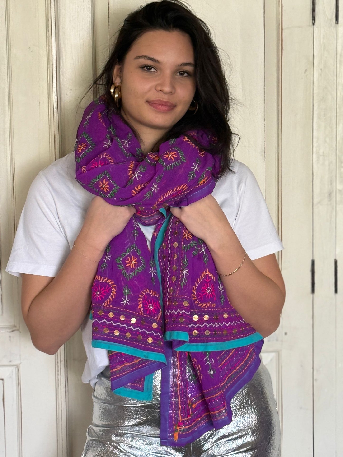 Phulkari sjaal Paars Turq