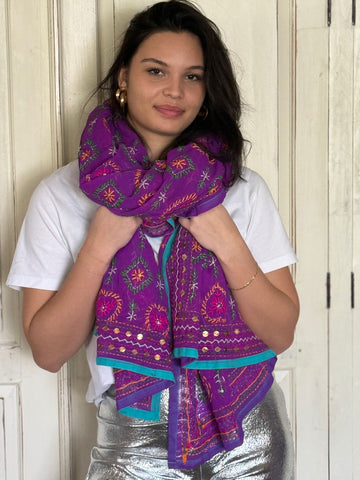 Phulkari sjaal Paars Turq