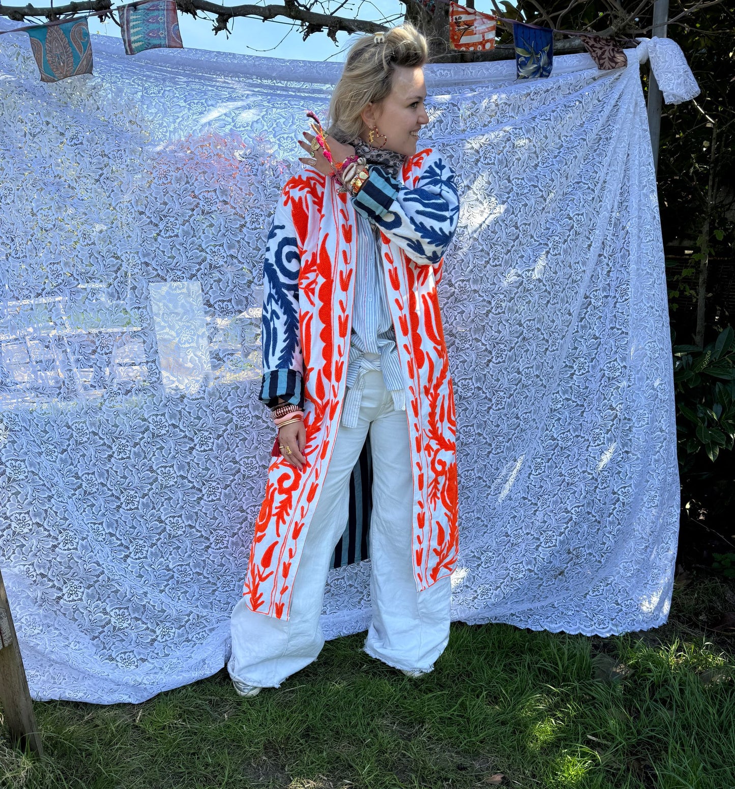 Long cotton Embroidery jas orange blue