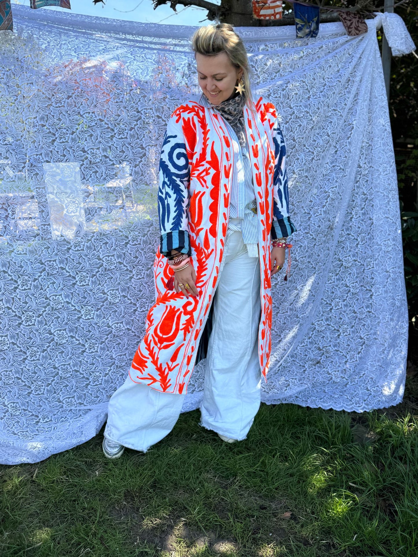 Long cotton Embroidery jas orange blue