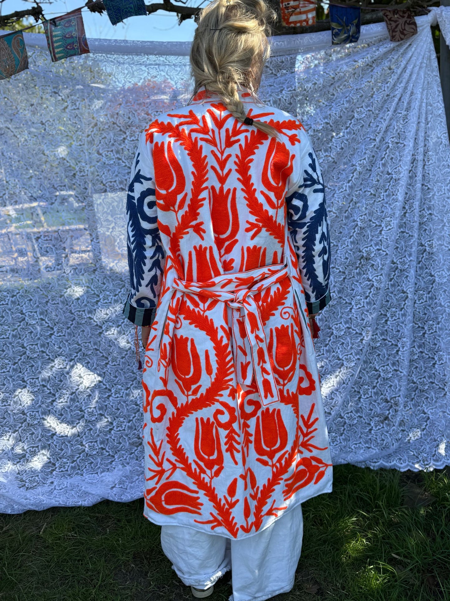 Long cotton Embroidery jas orange blue