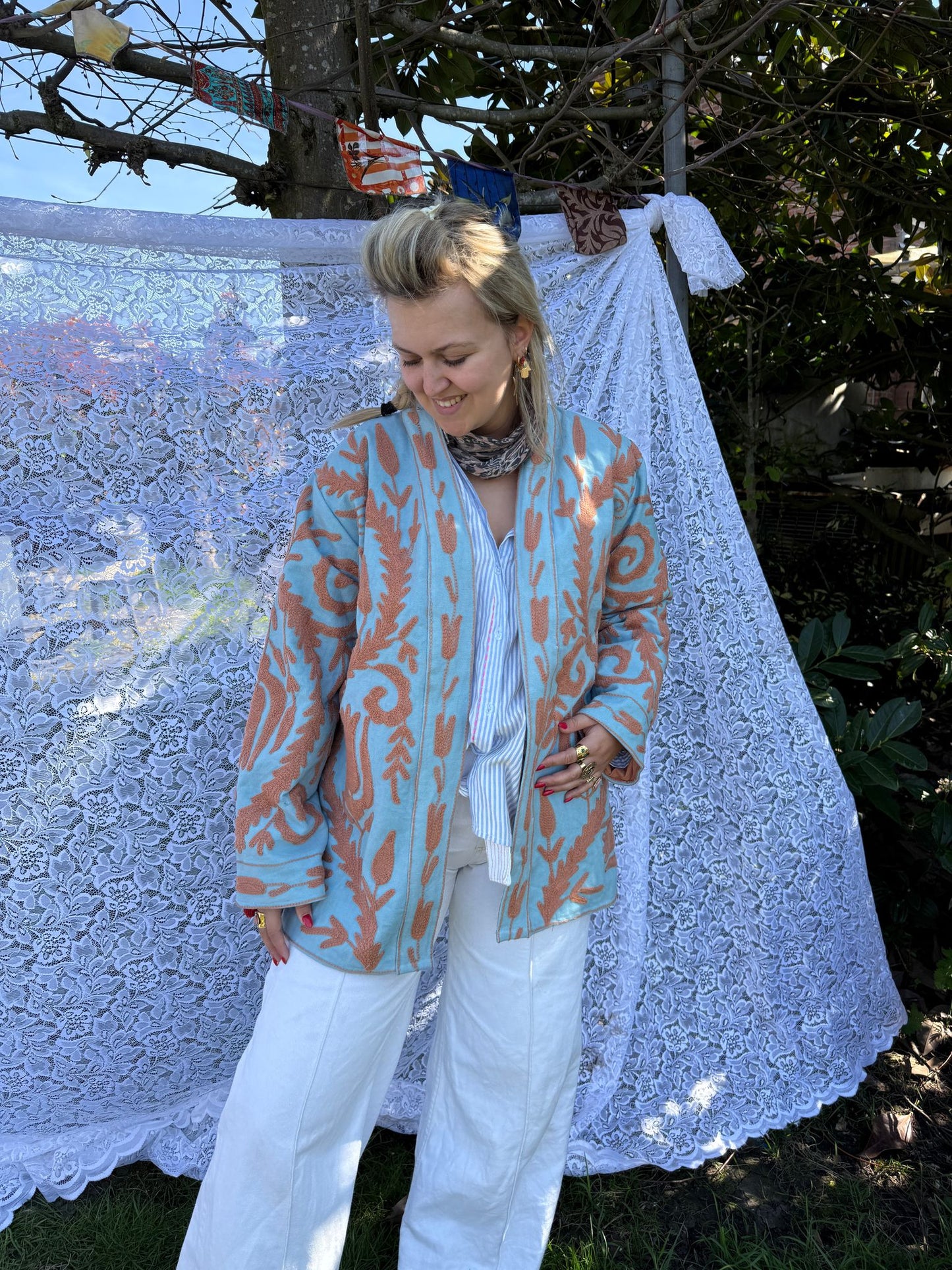 Long cotton Embroidery jas Light turquoise-beige