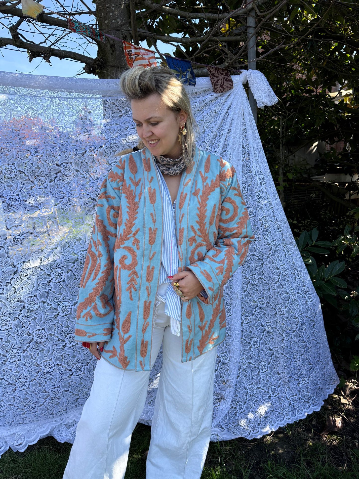 Long cotton Embroidery jas Light turquoise-beige