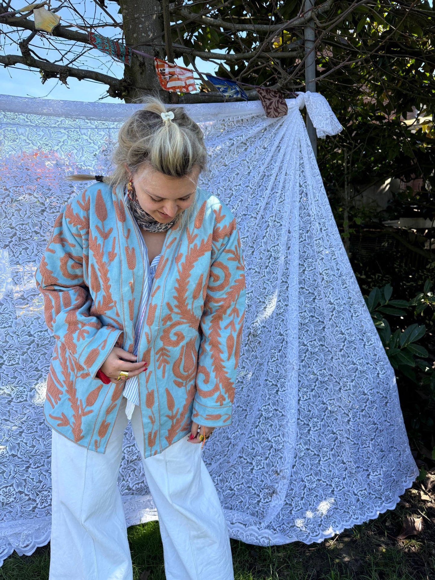 Long cotton Embroidery jas Light turquoise-beige