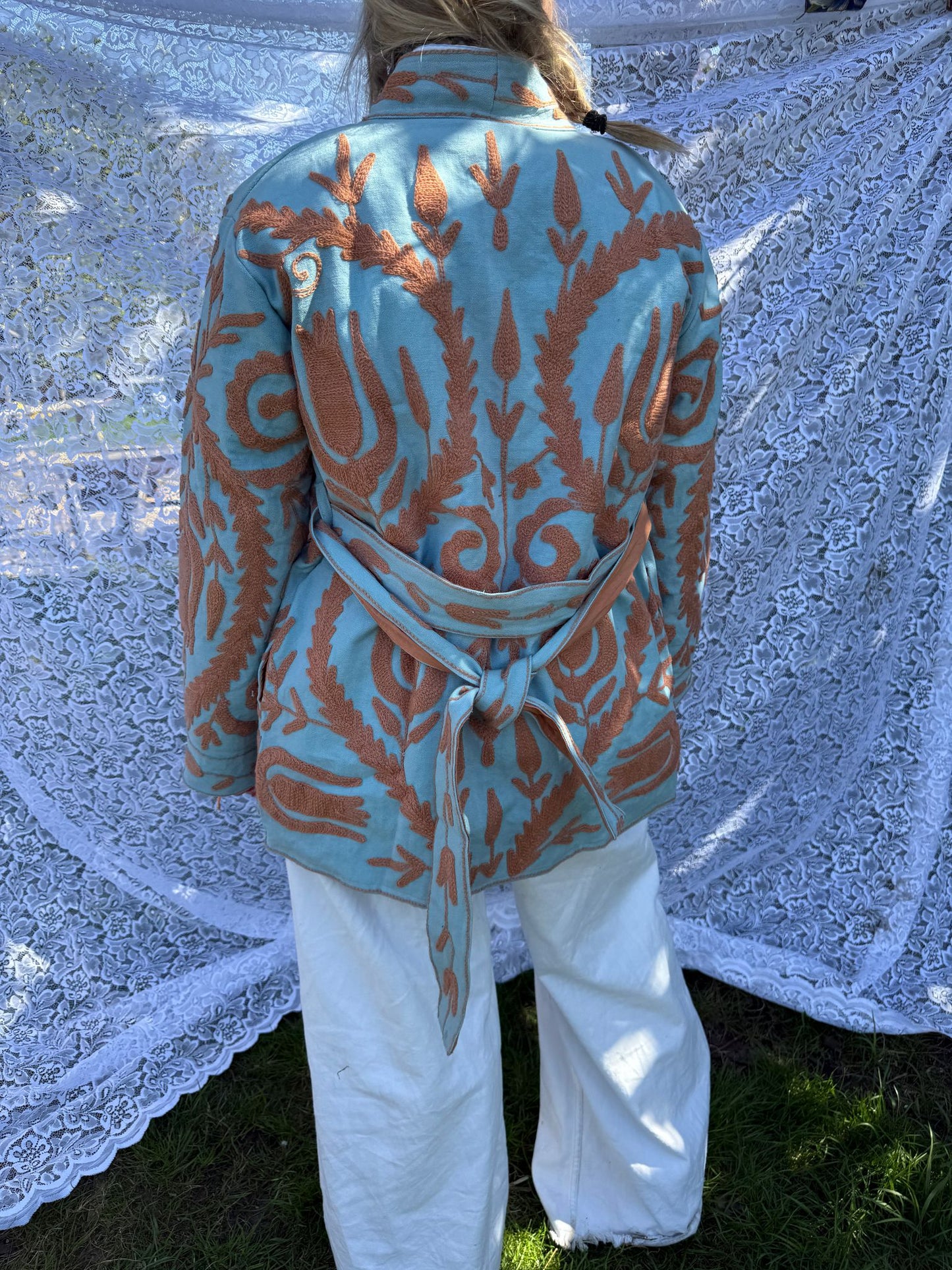 Long cotton Embroidery jas Light turquoise-beige