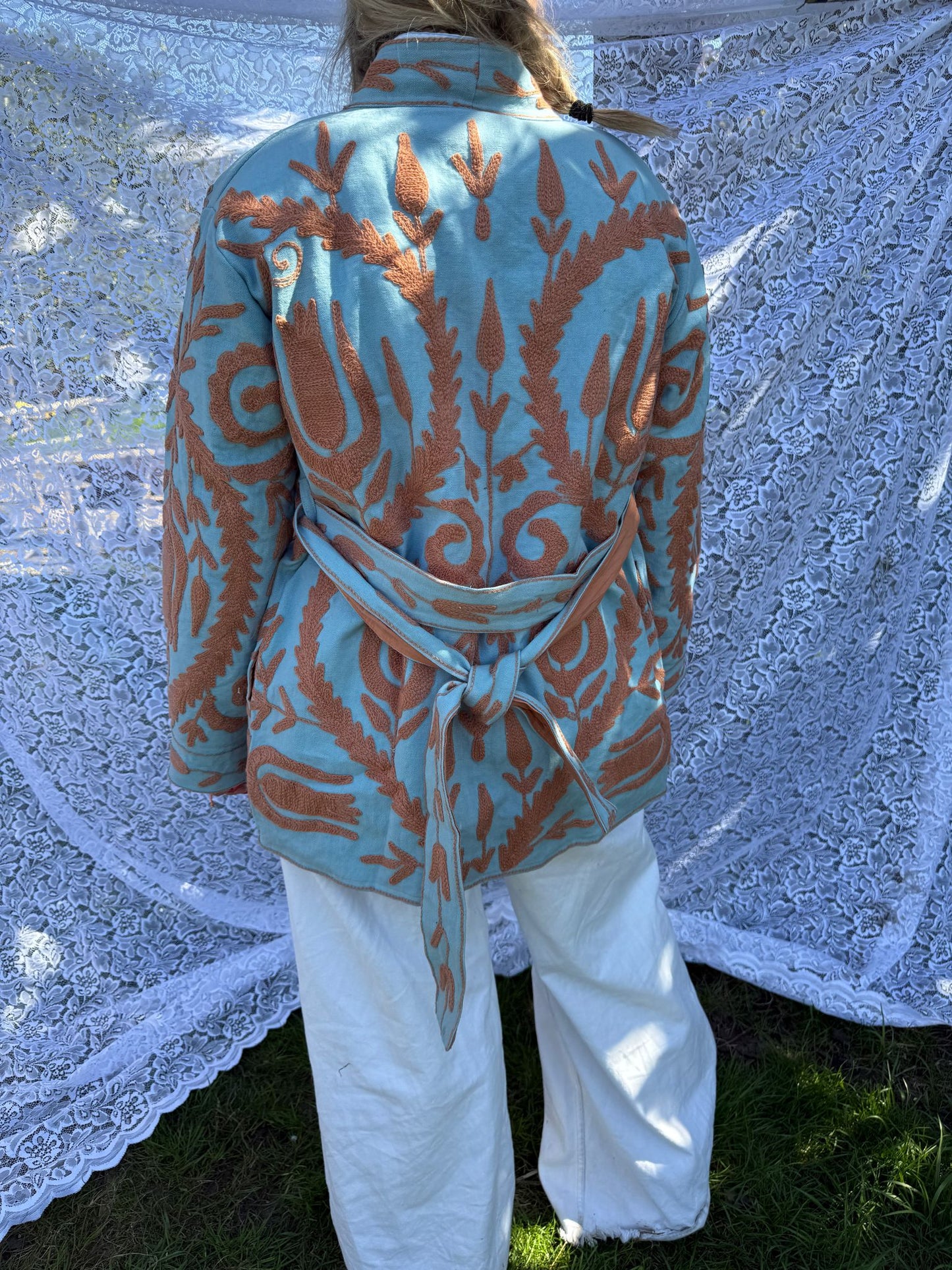 Long cotton Embroidery jas Light turquoise-beige