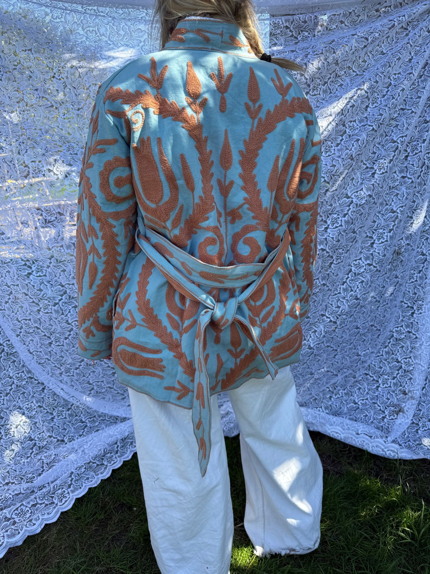 Long cotton Embroidery jas Light turquoise-beige