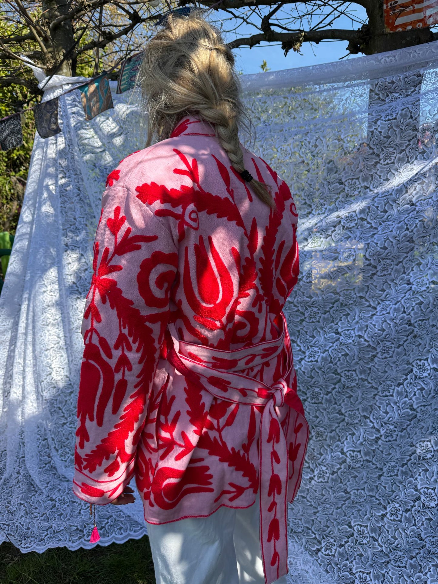 Long cotton Embroidery jas pink red