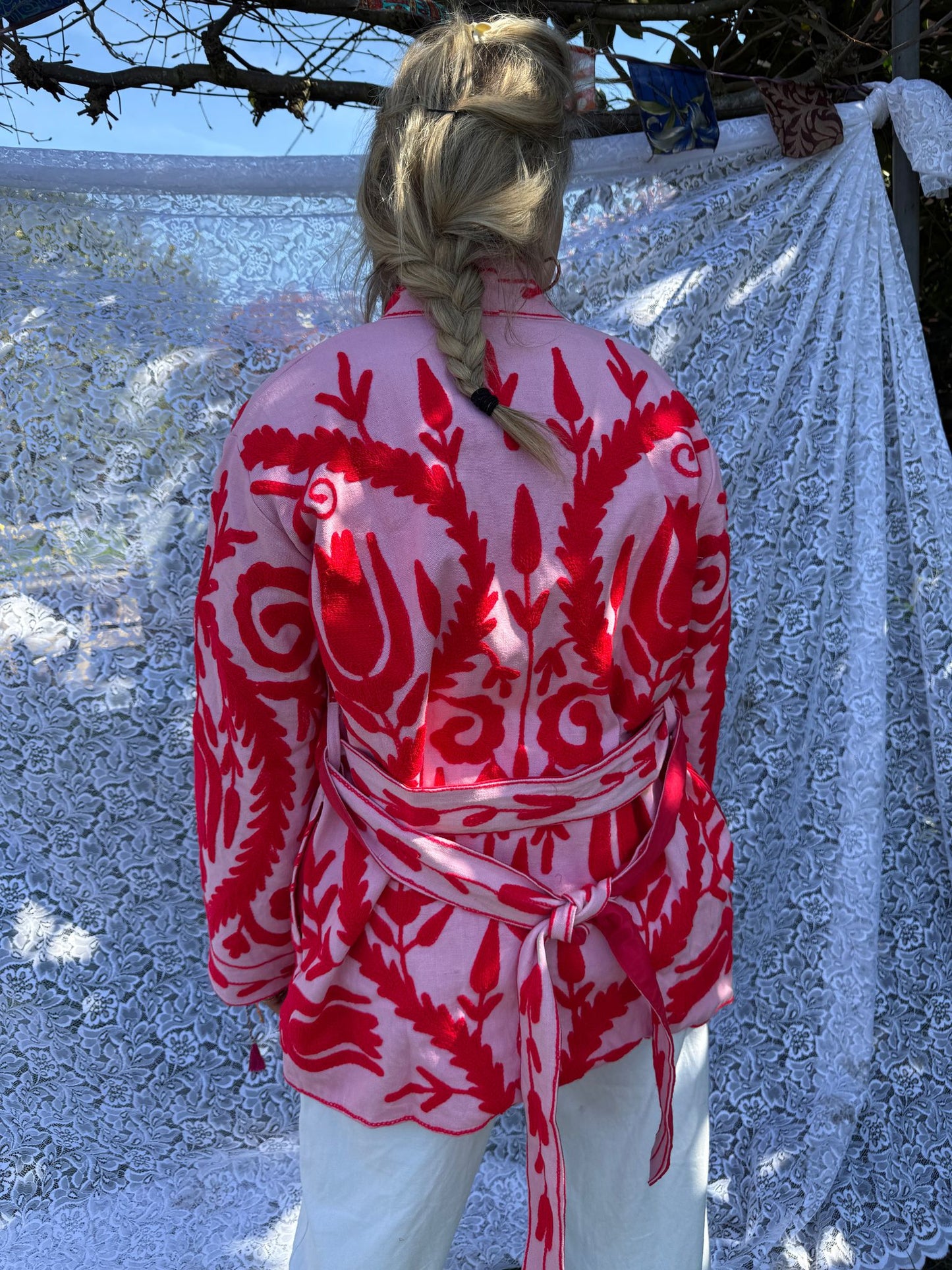 Long cotton Embroidery jas pink red