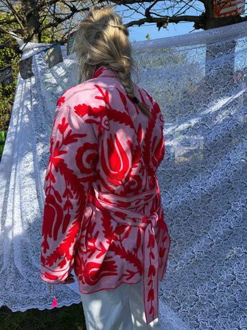 Long cotton Embroidery jas pink red
