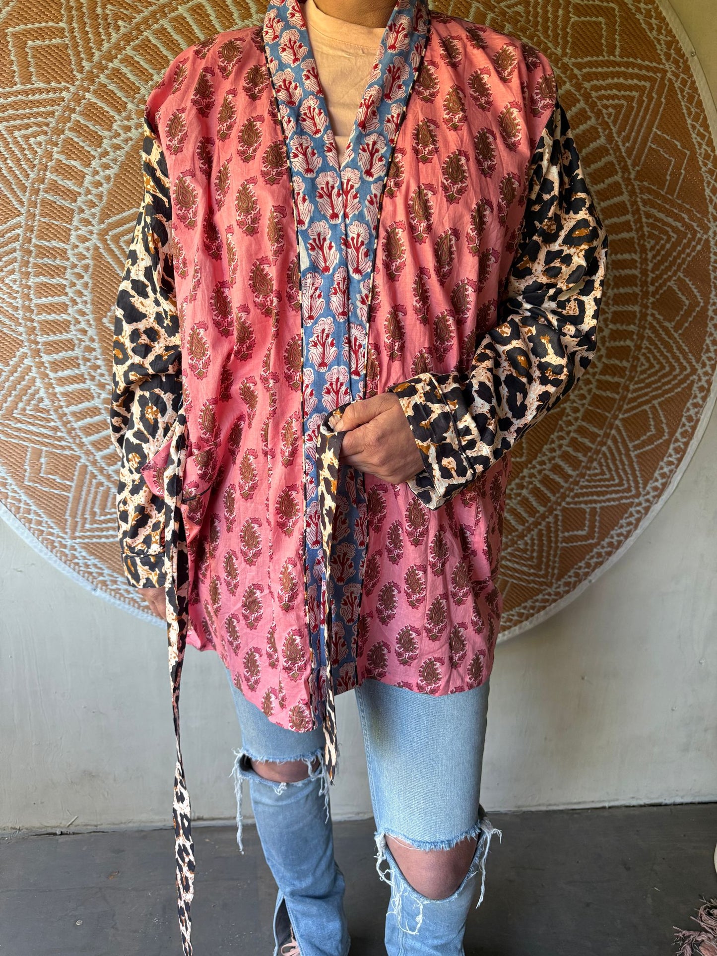 Short cotton kimono block print- panter pink