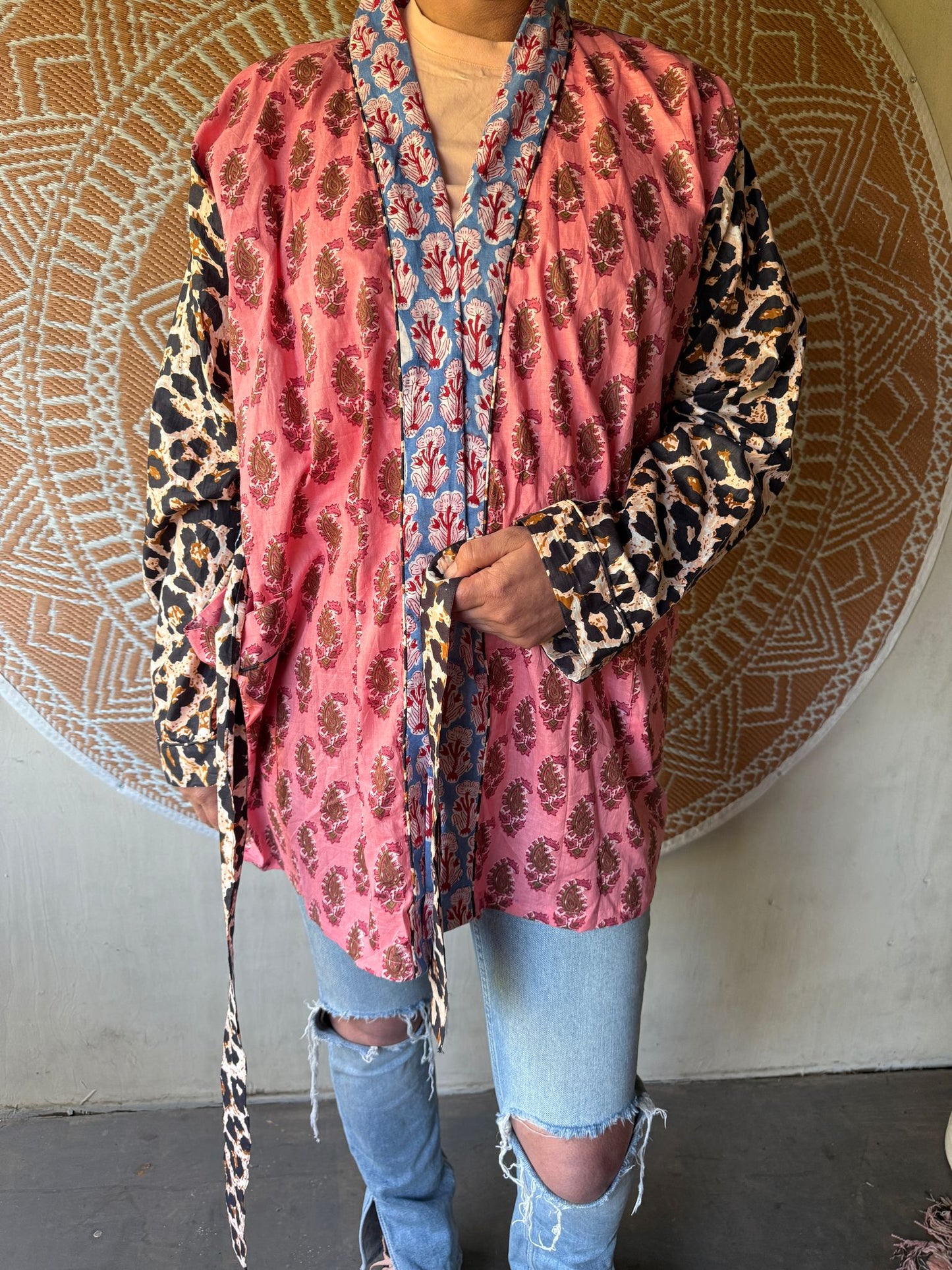 Short cotton kimono block print- panter pink