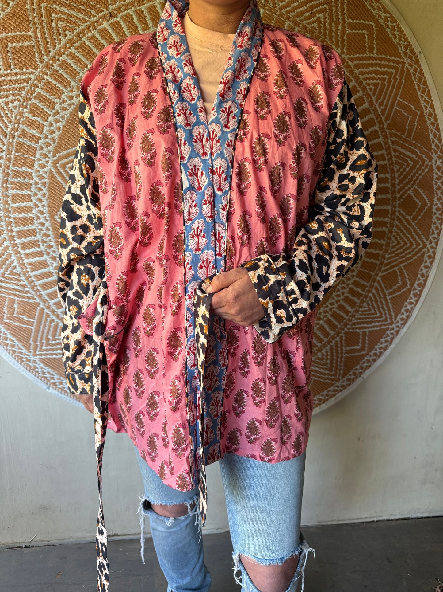 Short cotton kimono block print- panter pink