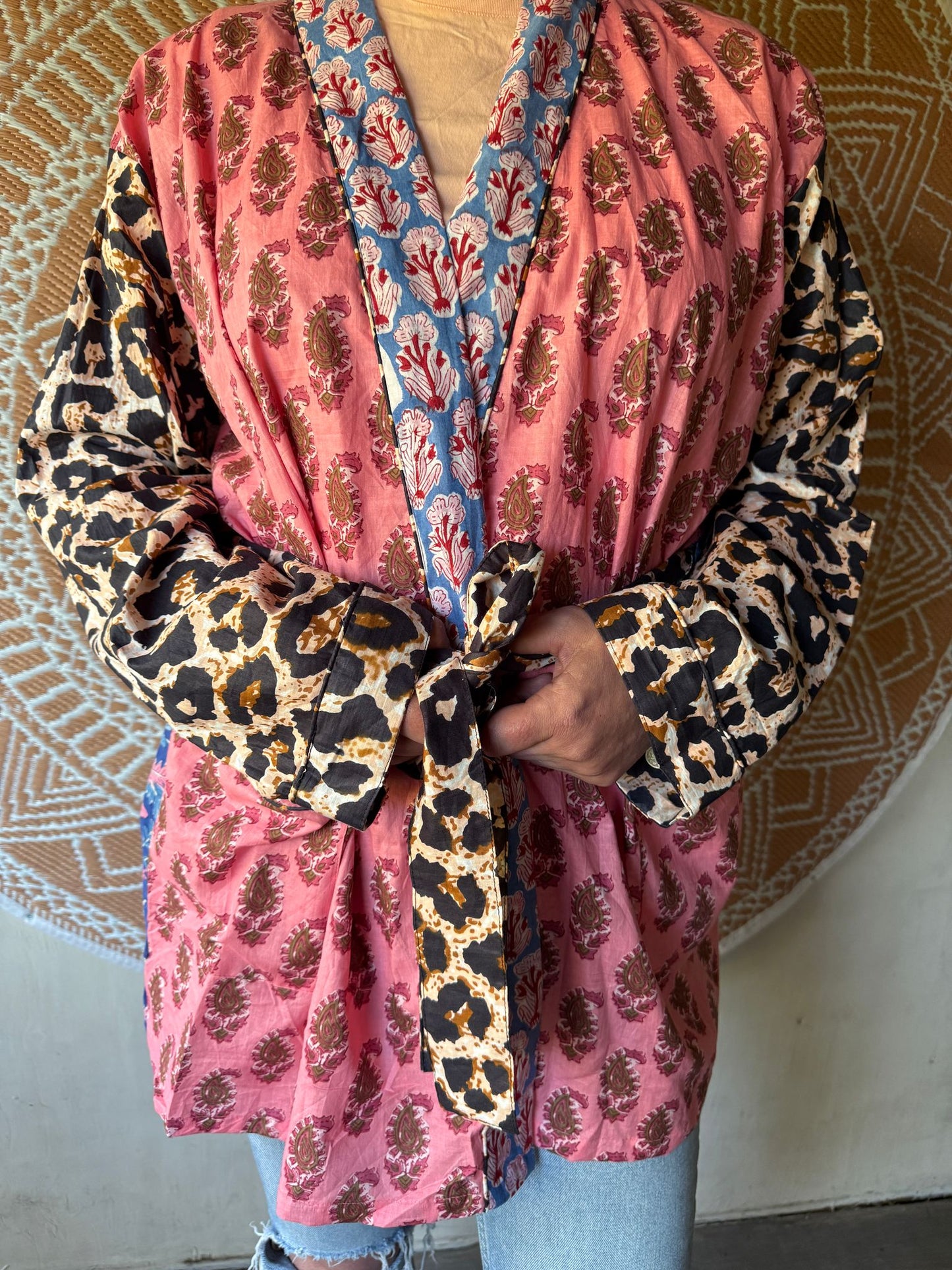 Short cotton kimono block print- panter pink