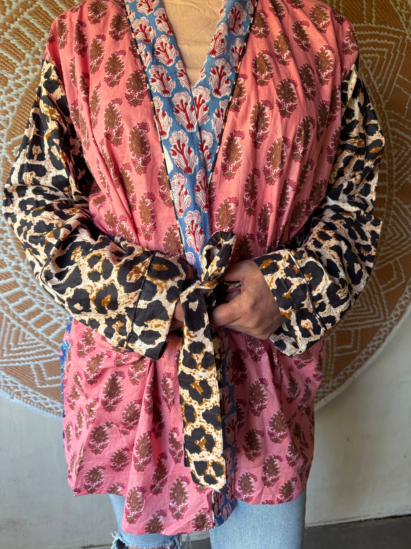 Short cotton kimono block print- panter pink