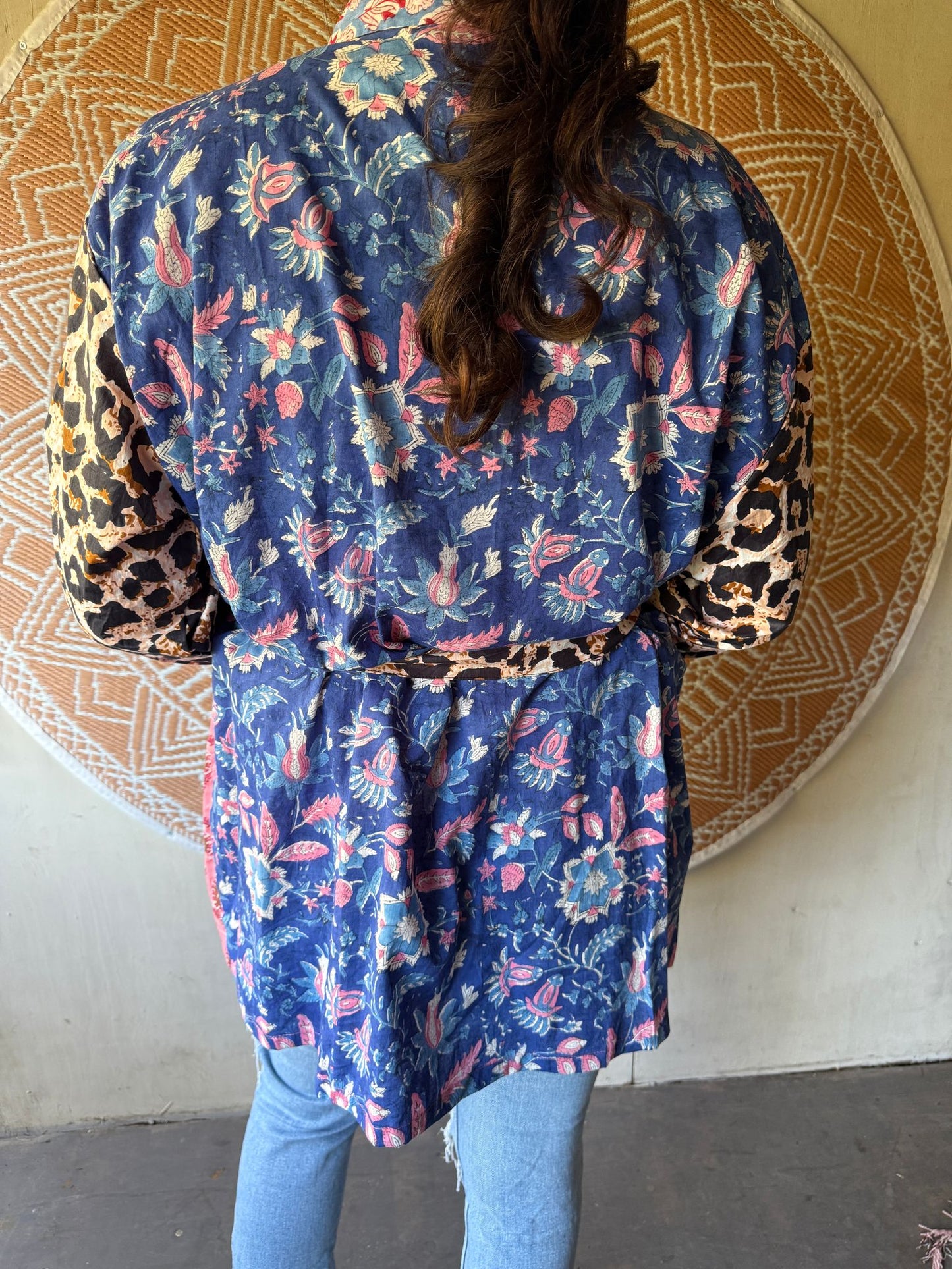 Short cotton kimono block print- panter pink