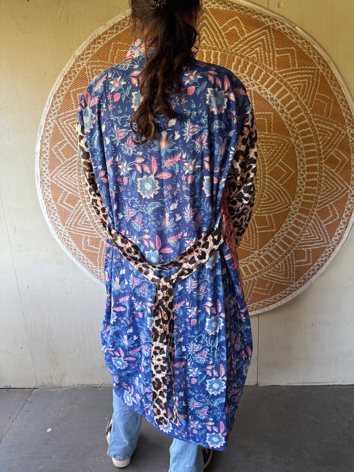 Long cotton kimono block print- panter pink