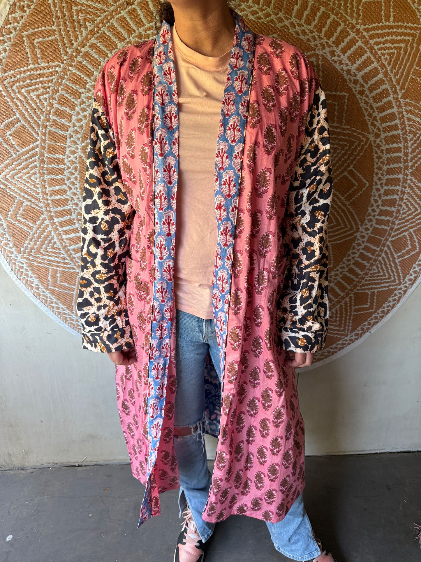Long cotton kimono block print- panter pink