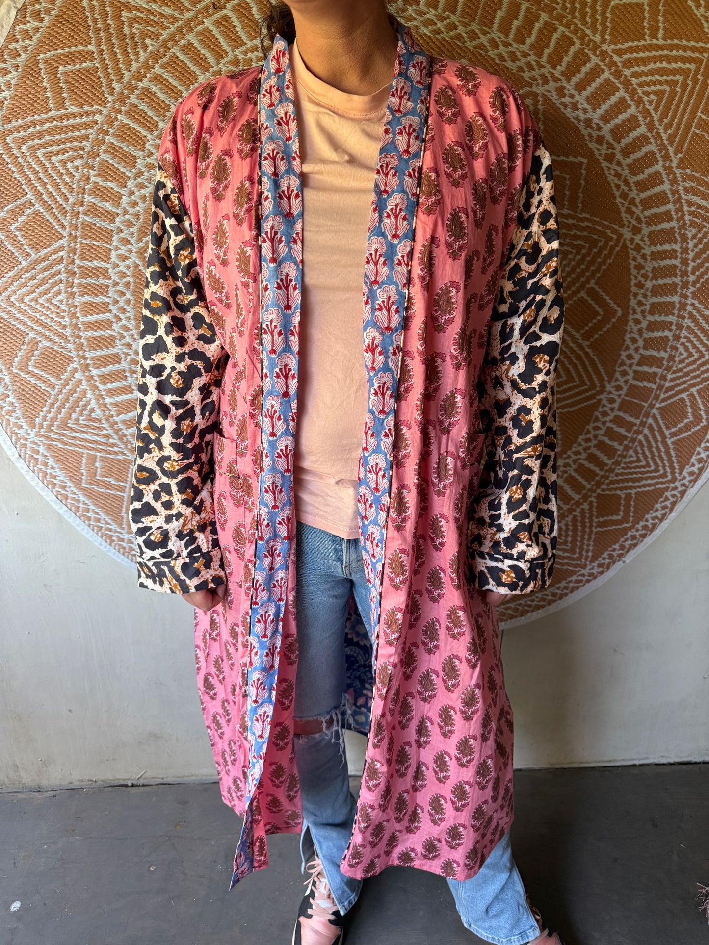Long cotton kimono block print- panter pink