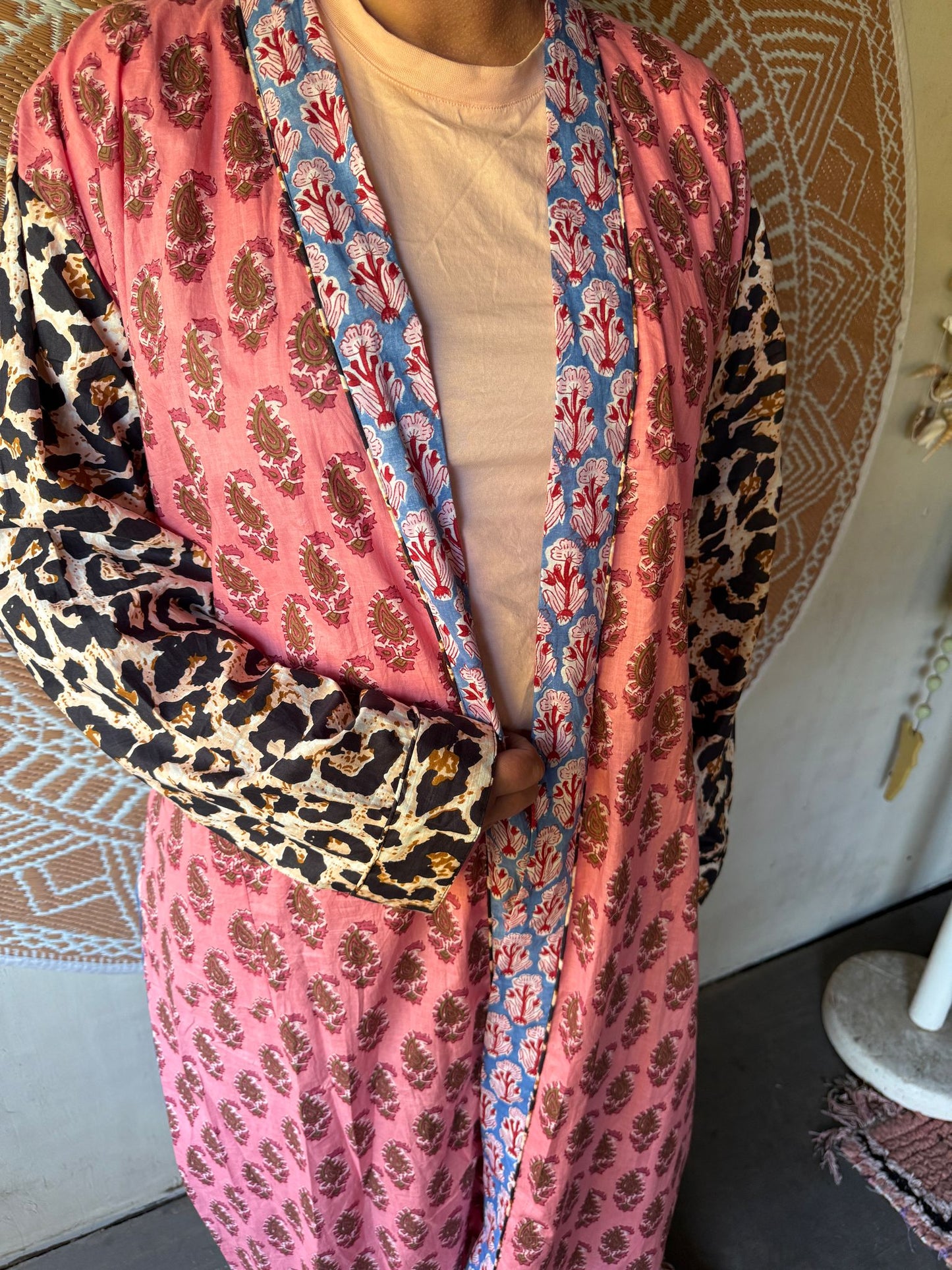 Long cotton kimono block print- panter pink