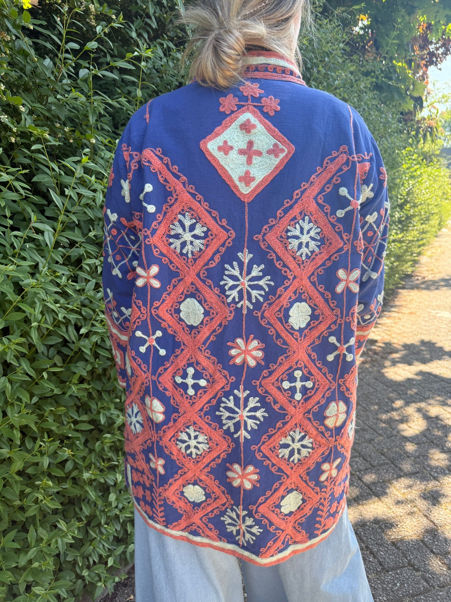 Medium Long cotton Embroidery jas Blue orange