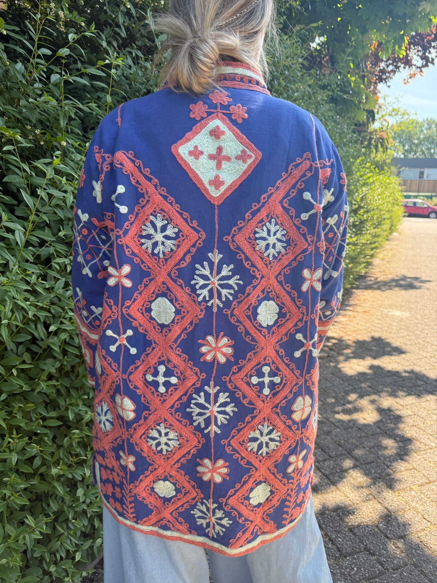 Medium Long cotton Embroidery jas Blue orange