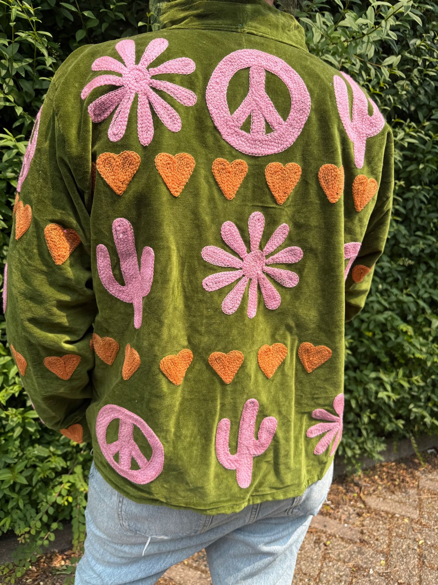 Velvet embroidery jacket Peace hearts Green