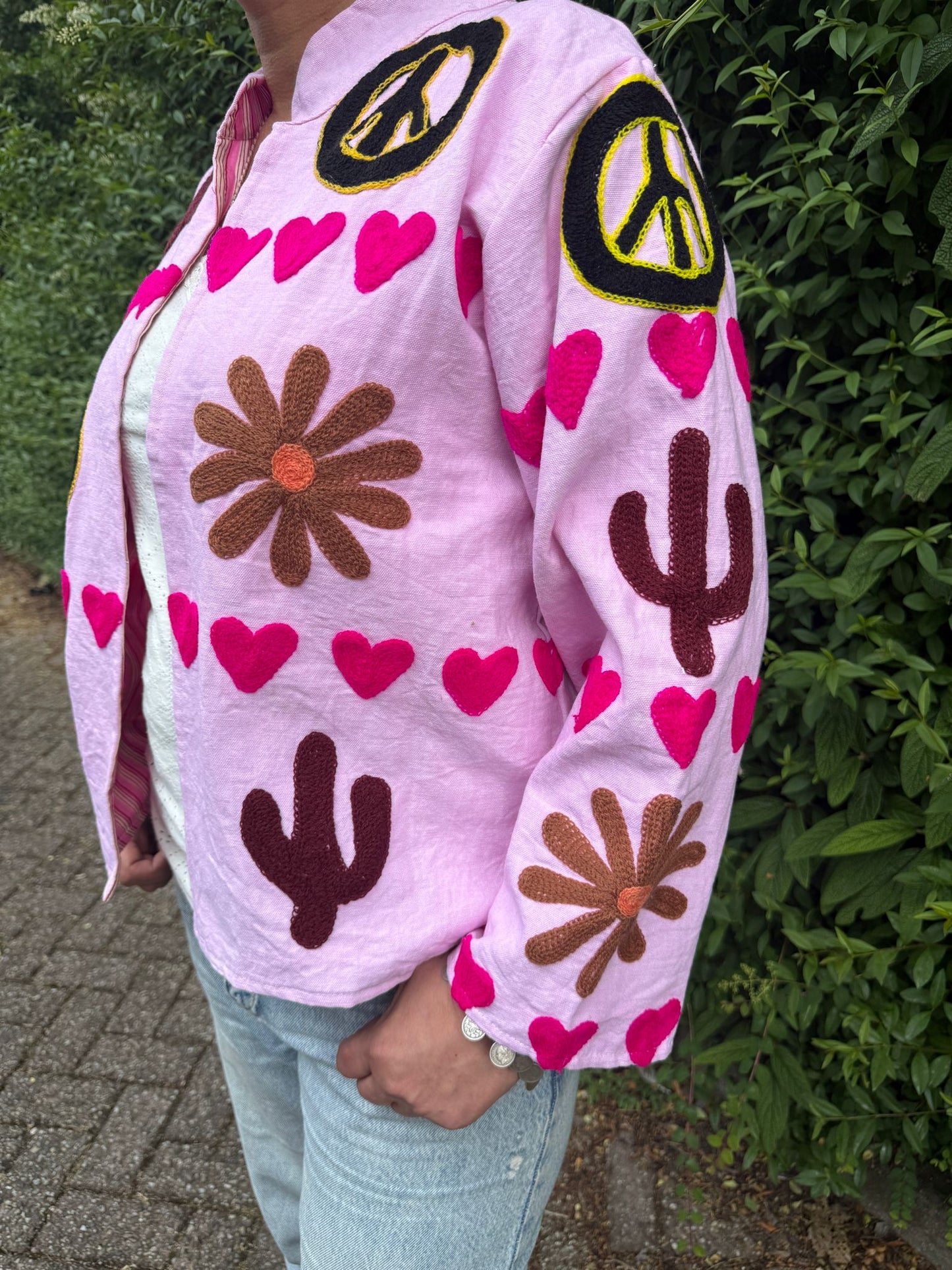 Cotton embroidery jacket Peace hearts pink
