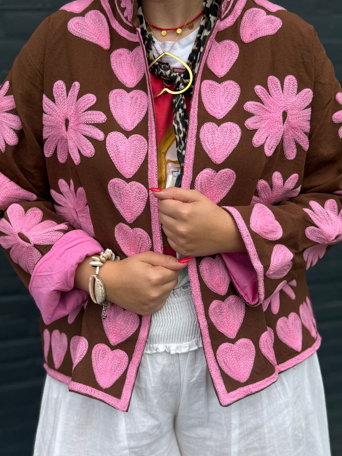 Cotton embroidery jacket hearts brown pink