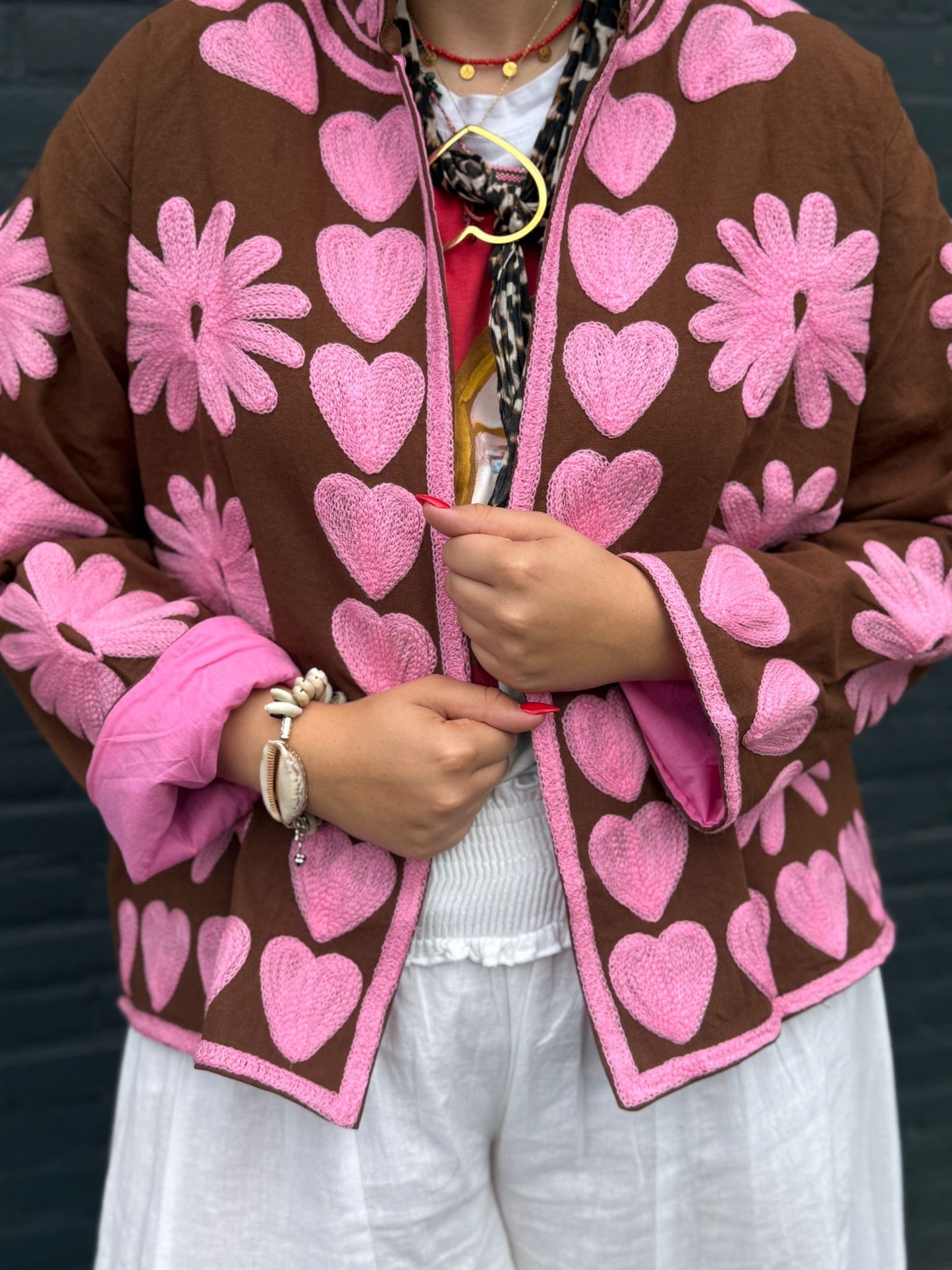 Cotton embroidery jacket hearts brown pink