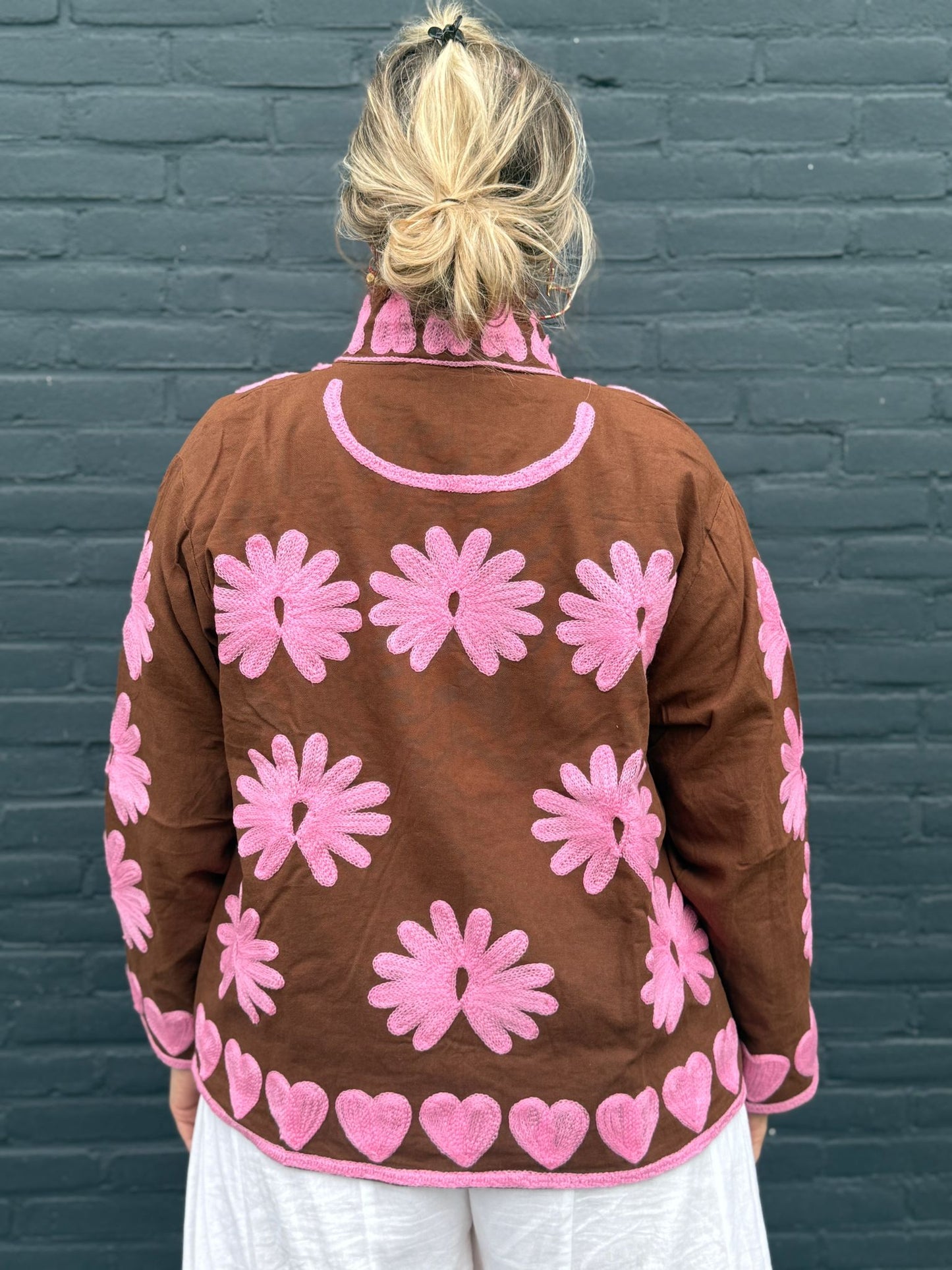 Cotton embroidery jacket hearts brown pink