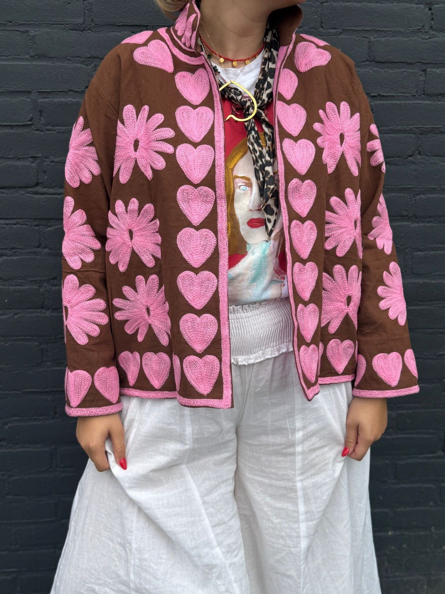 Cotton embroidery jacket hearts brown pink