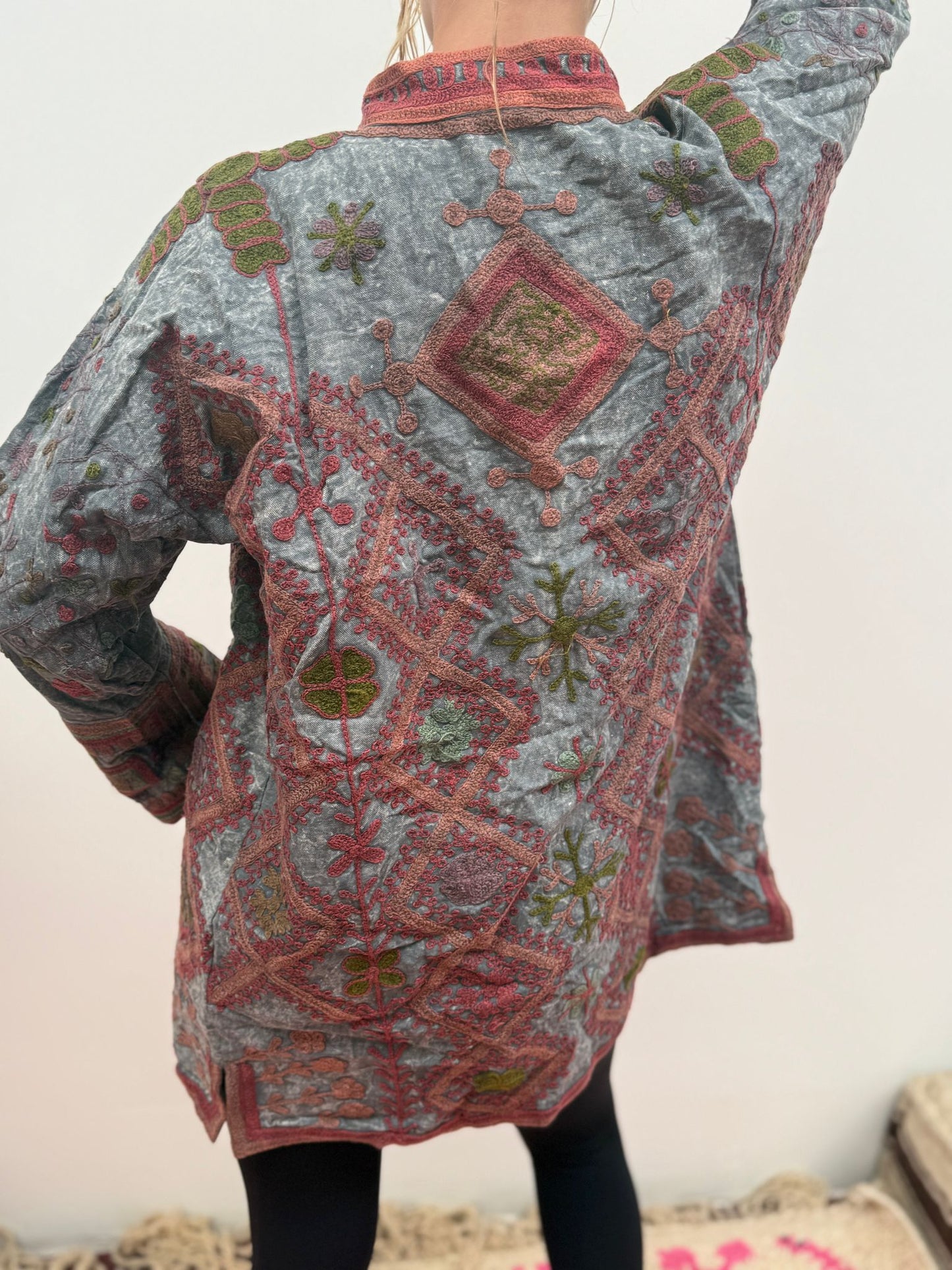 Medium Long cotton Embroidery jas stoned wash